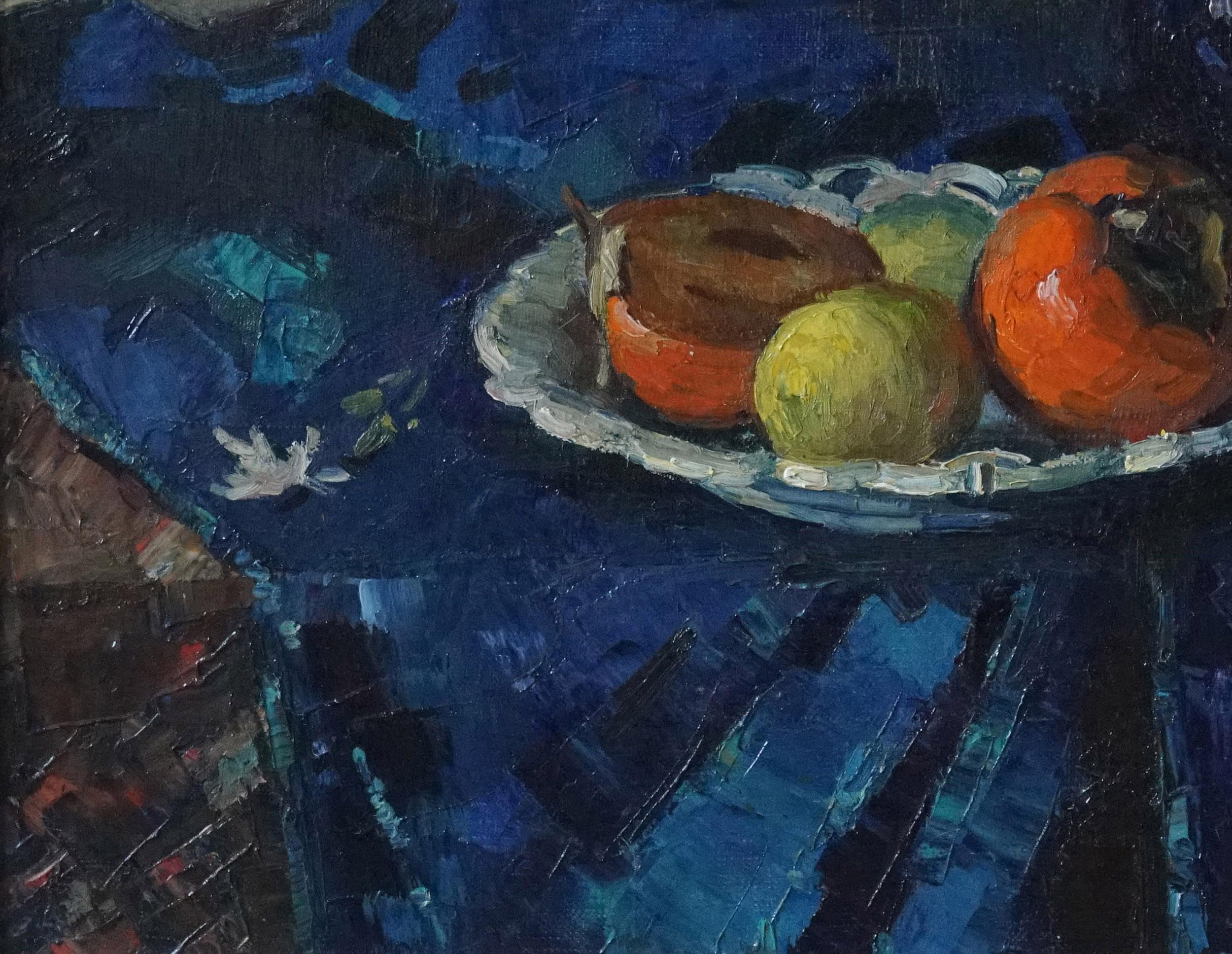 Chrysanthemums - Black Still-Life Painting by Lev Dronov