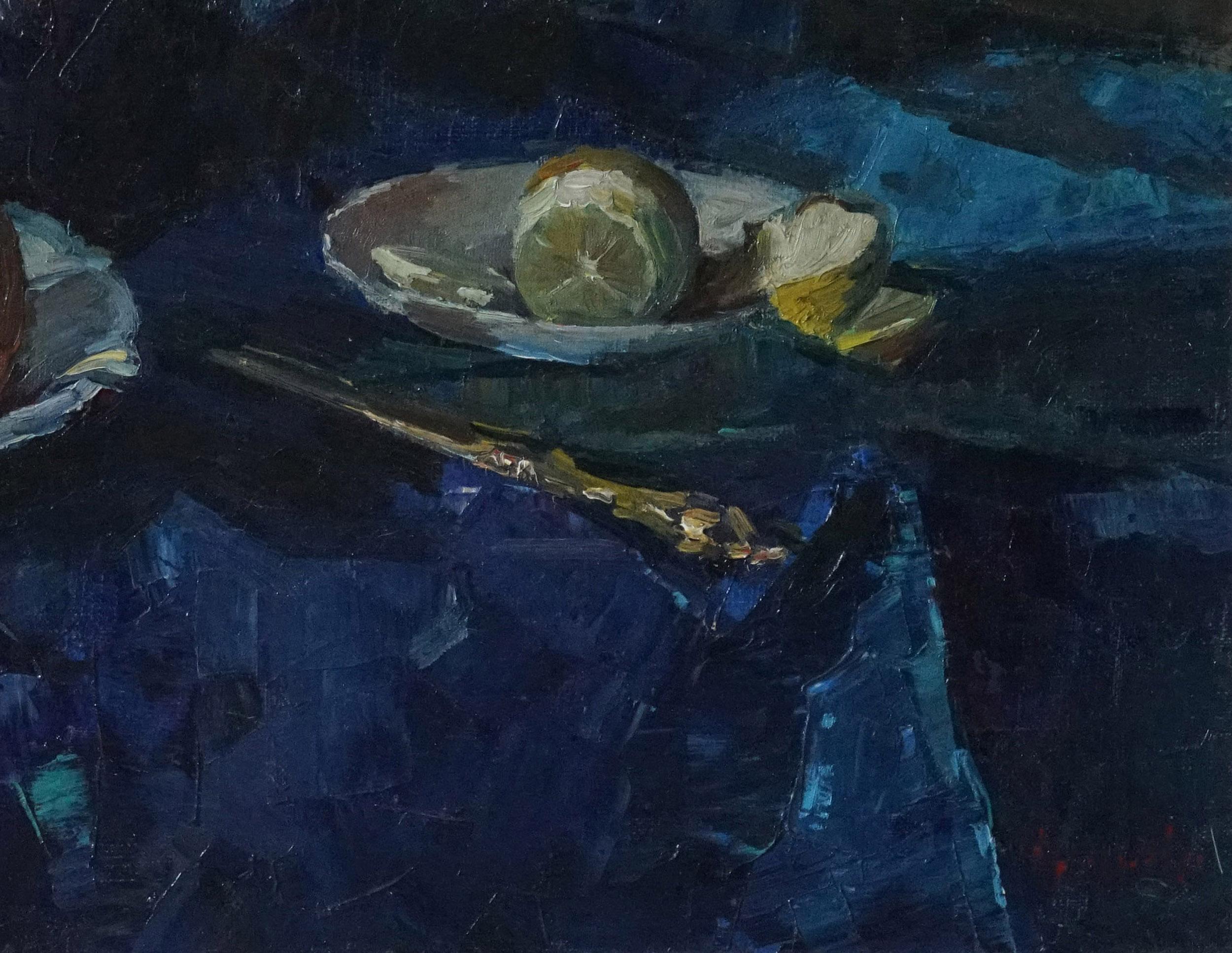 This artwork vividly captures the classic essence of a still life composition, blending tranquility and vibrancy. Dominated by a striking blue tablecloth, the scene is adorned with a meticulously arranged bouquet of chrysanthemums in a dark, elegant