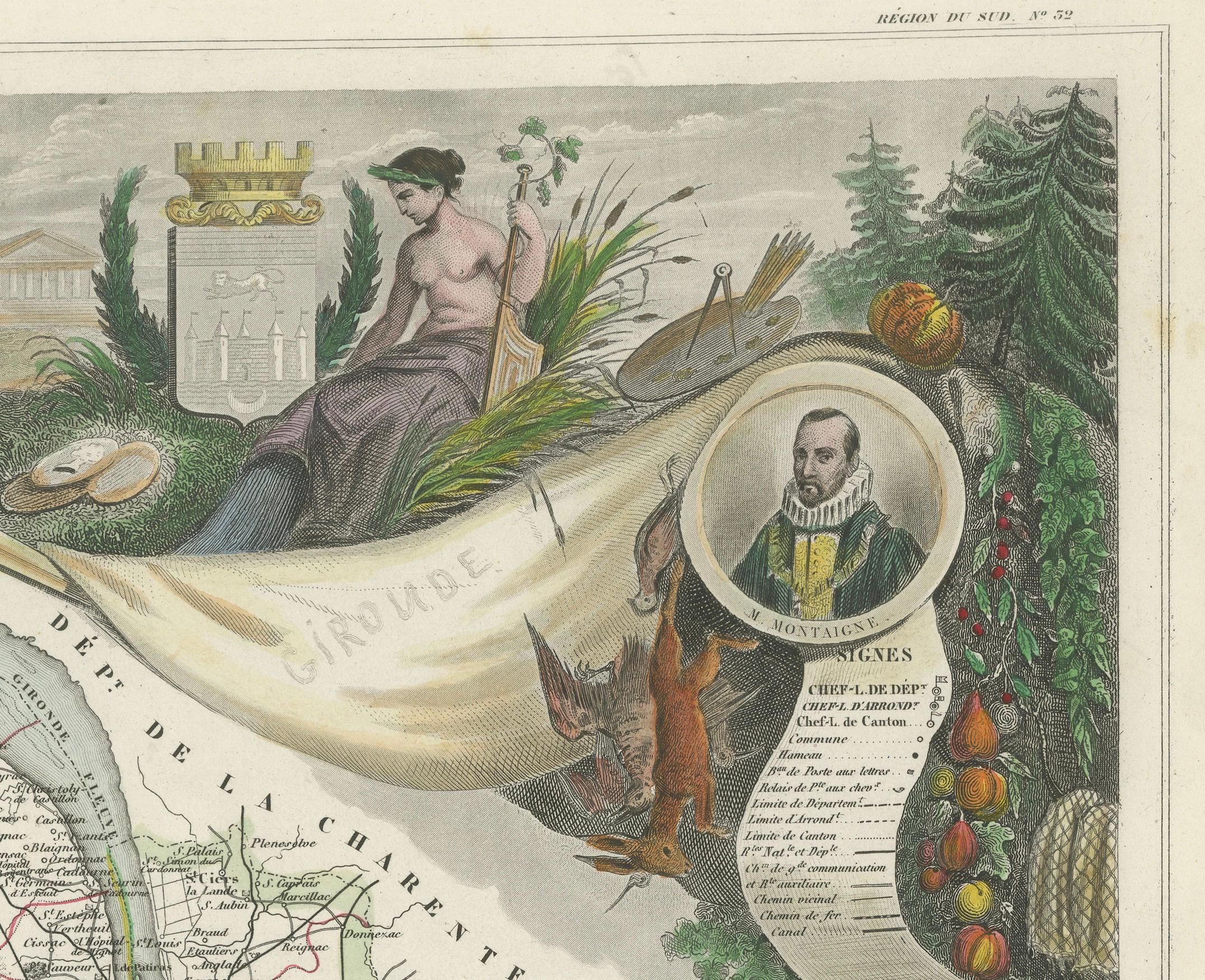 Mid-19th Century Levasseur's 1852 Cartographic Portrait of Gironde: Celebrating the Bordeaux Wine For Sale