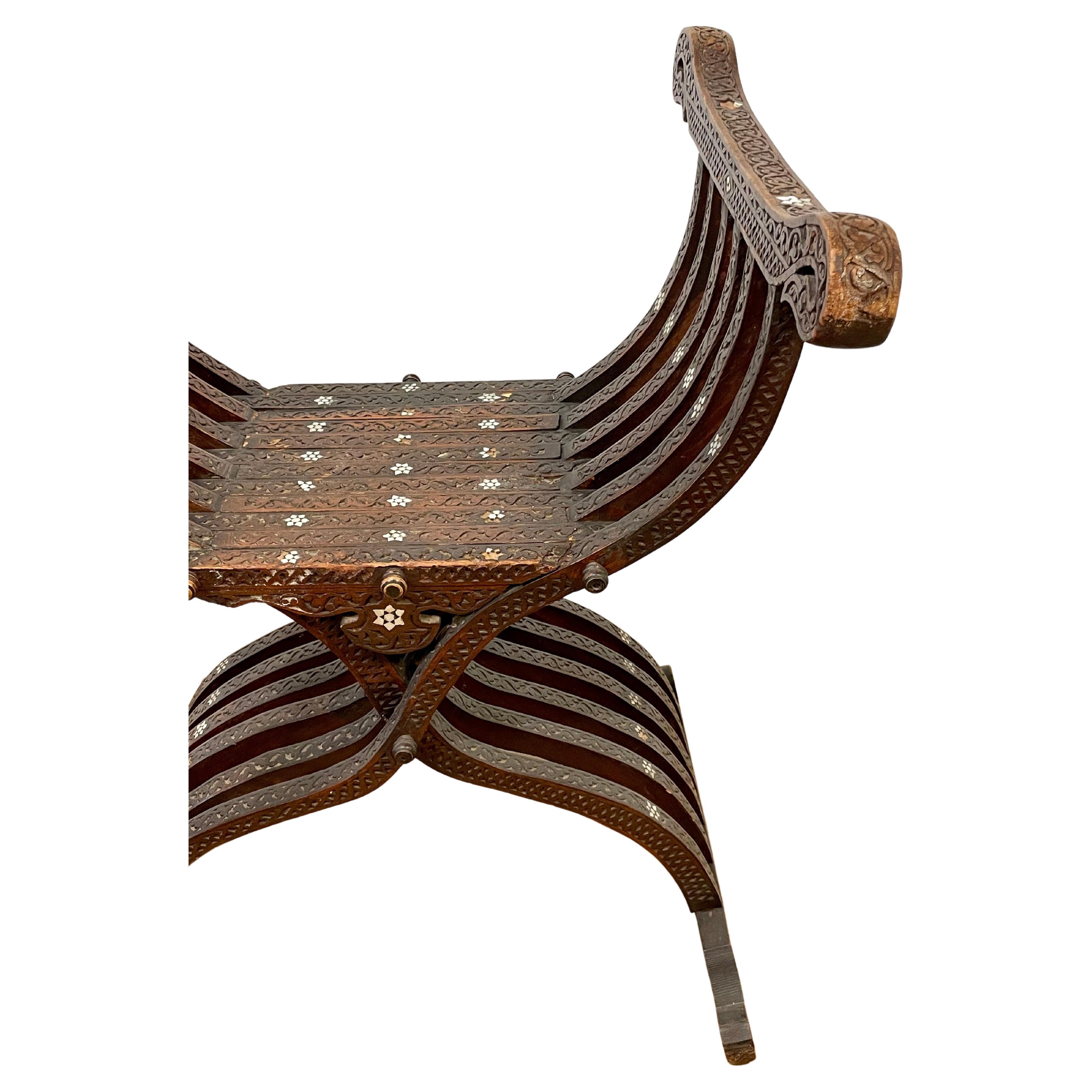 Indian Levatine Shell Inlaid Hardwood Savonarola Stool