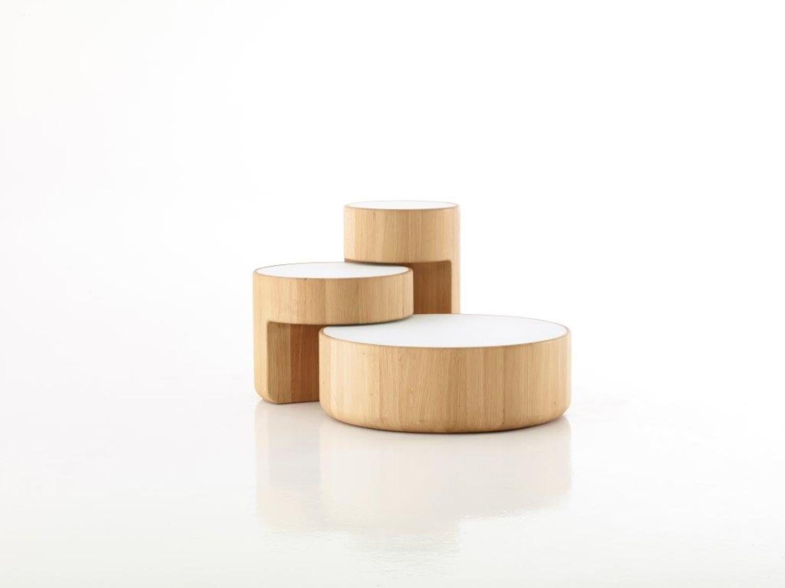 Levels set of 3 nesting tables Dan Yeffet & Lucie Koldov
Dimensions:
Ø75 x 25 cm
Ø50 x 40
Ø38 x 58
Materials: Solid oak, Oak tainted black & Marble Calacatta, natural oiled.
Inlays: glass (4mm), mat black/white or marble (20mm)


Set of 3