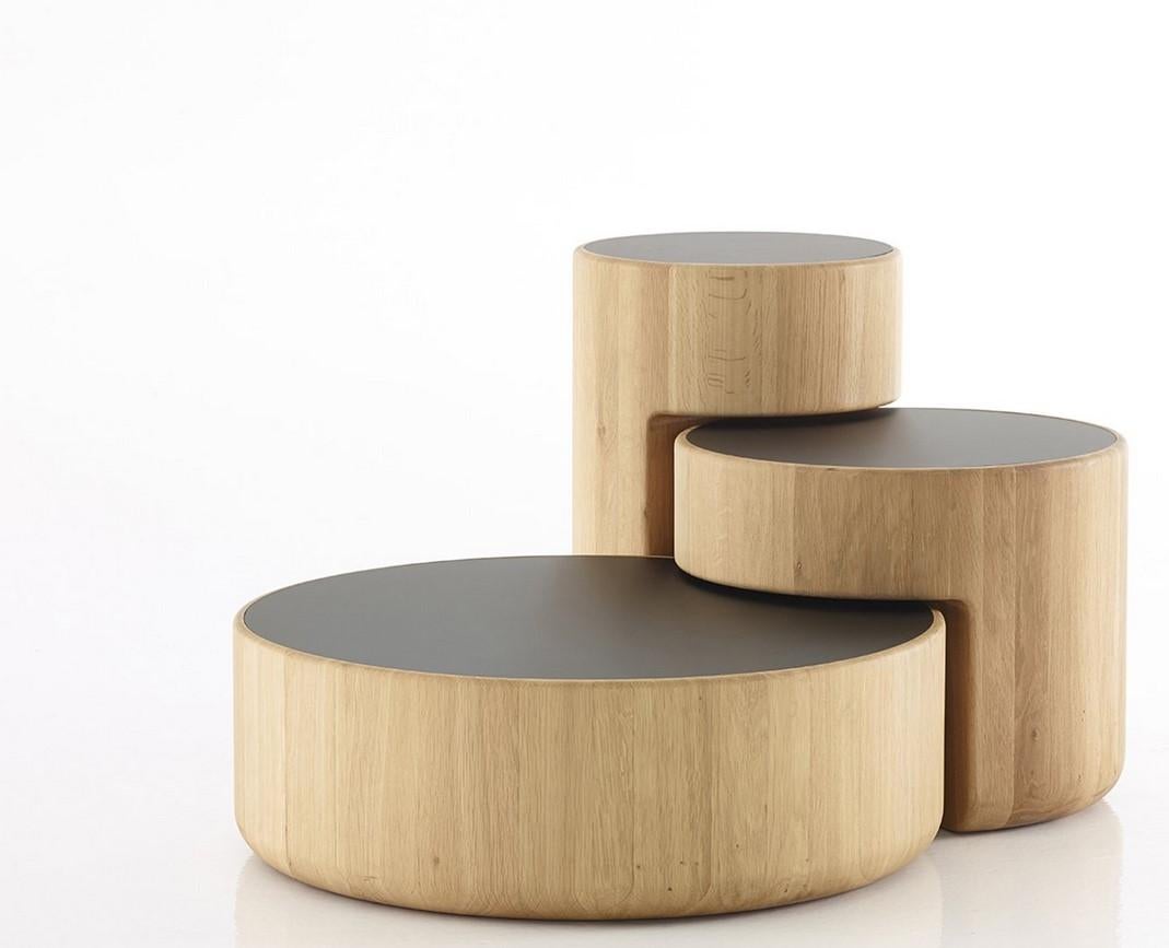 Levels set of 3 nesting tables Dan Yeffet & Lucie Koldov
Dimensions:
Ø75 x 25 cm
Ø50 x 40
Ø38 x 58
Materials: Solid oak, natural oiled & oak tainted black.
Inlays: glass (4mm), mat black/white or marble (20mm)


Set of 3 nesting tables of