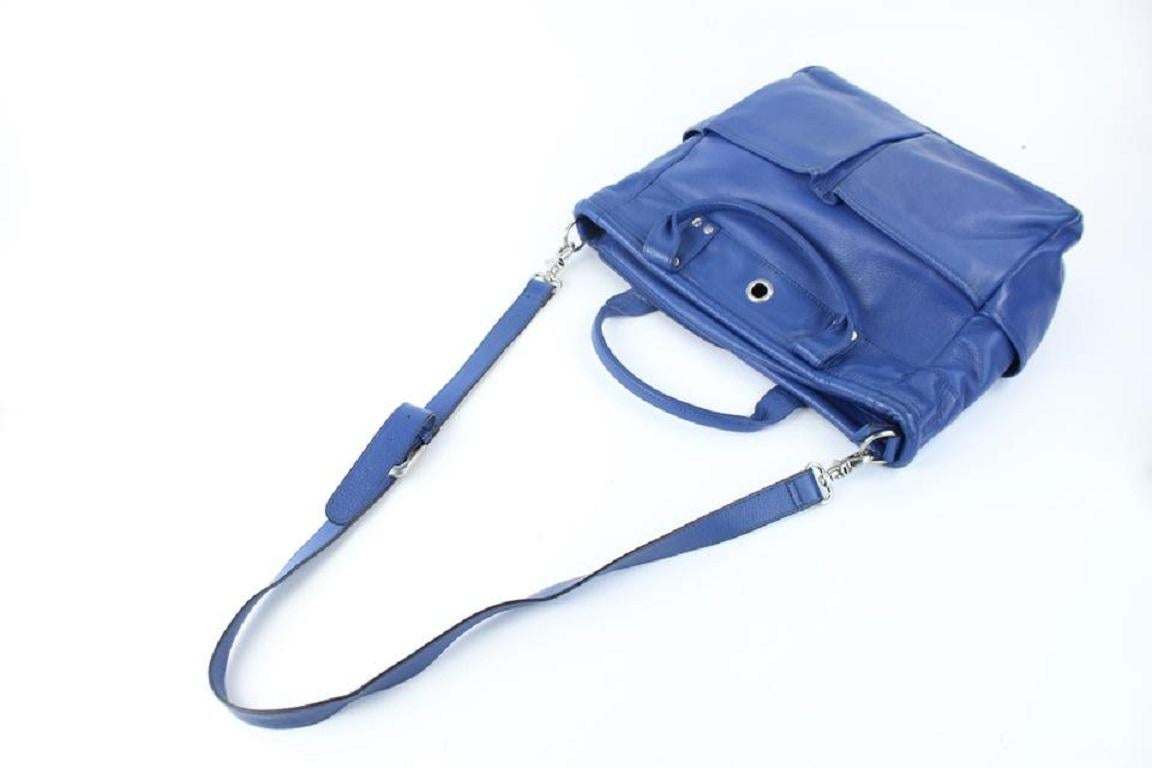 Levenger Double Pocket 2way Tote 15mz0717 Blue Leather Shoulder Bag In Good Condition For Sale In Dix hills, NY