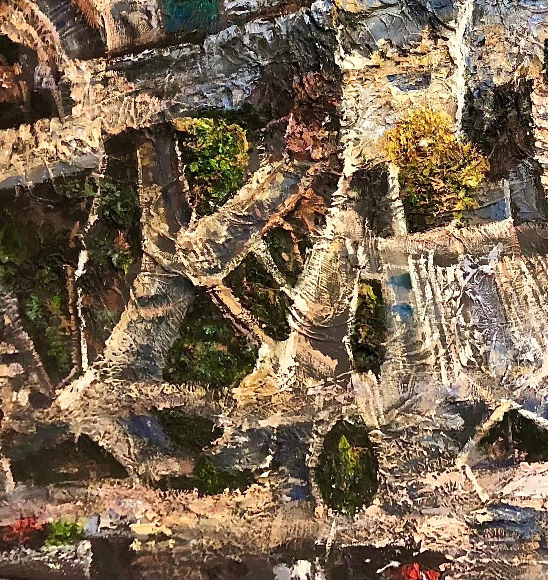 Atemberaubendes abstraktes Luftbild des ungarischen Künstlers Levente Baranyai. Öl auf Tafel, 37,5 x 50 Zoll.

Levente Baranyai konzentriert sich auf städtische und ländliche Landschaften aus der Vogelperspektive. Seine Kompositionen sind