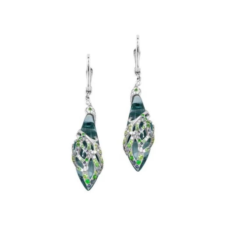 Lever-Back Diamond Blue Sapphire Quart Tsavorite White 14k Gold Earrings for Her In Fair Condition For Sale In Genève, GE