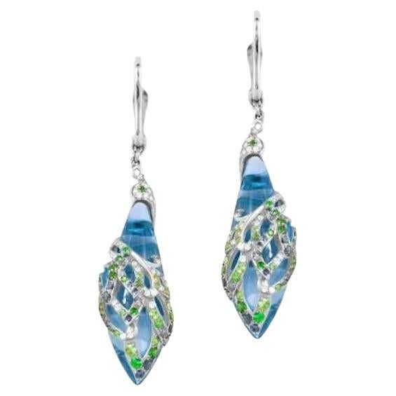 Modern Lever-Back Diamond Blue Sapphire Topaz Tsavorite White 14k Gold Earrings for Her For Sale