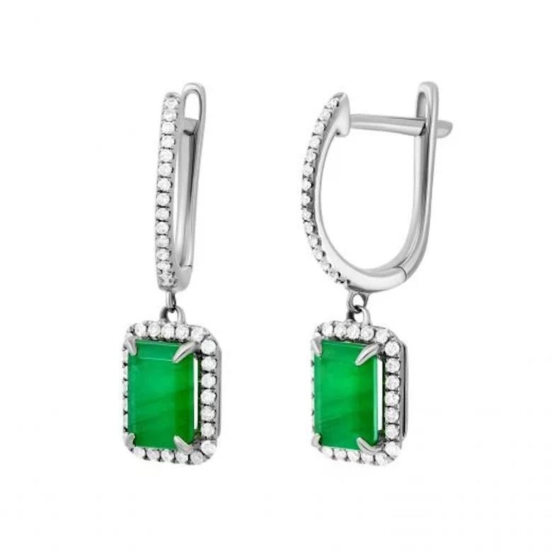 Lever-Back Diamond Emerald White 14k Gold Earrings for Her In Fair Condition For Sale In Montreux, CH