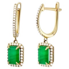 Lever-Back Diamond Emerald Yellow 14k Gold Earrings for Her