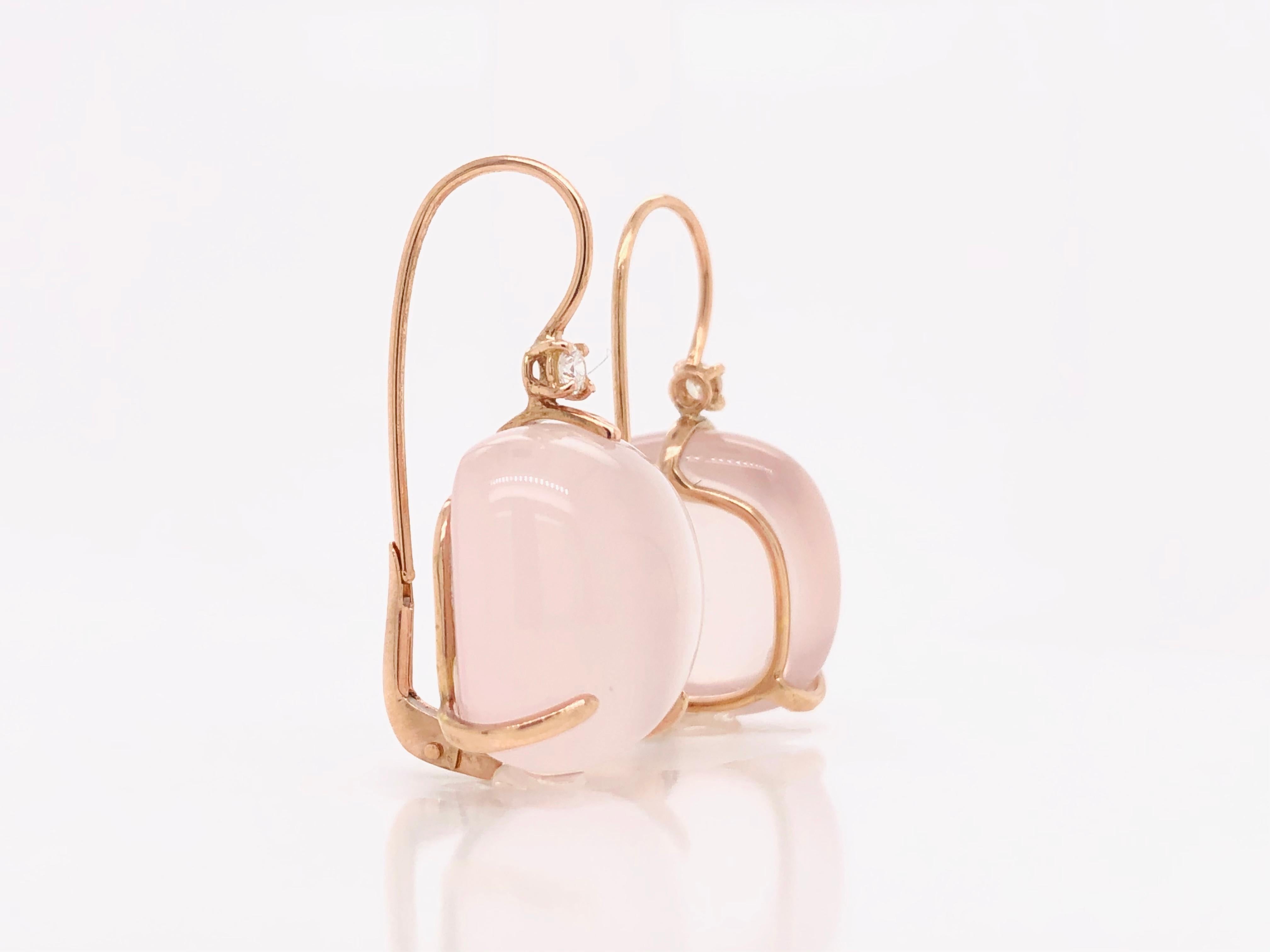 Contemporary Lever-Back Earrings Pink Quartz Diamonds Rose Gold 18 Karat  For Sale