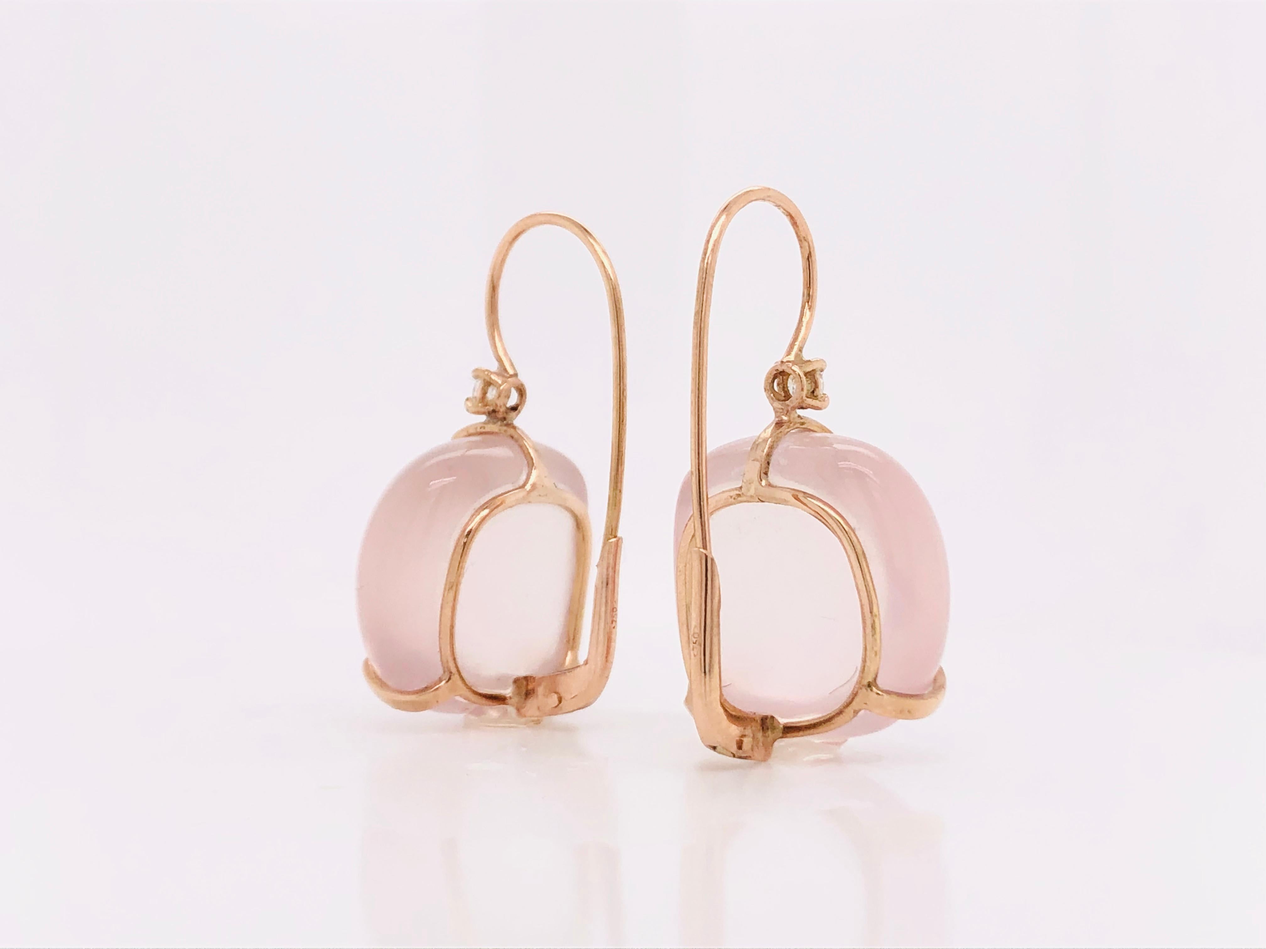 Cabochon Lever-Back Earrings Pink Quartz Diamonds Rose Gold 18 Karat  For Sale
