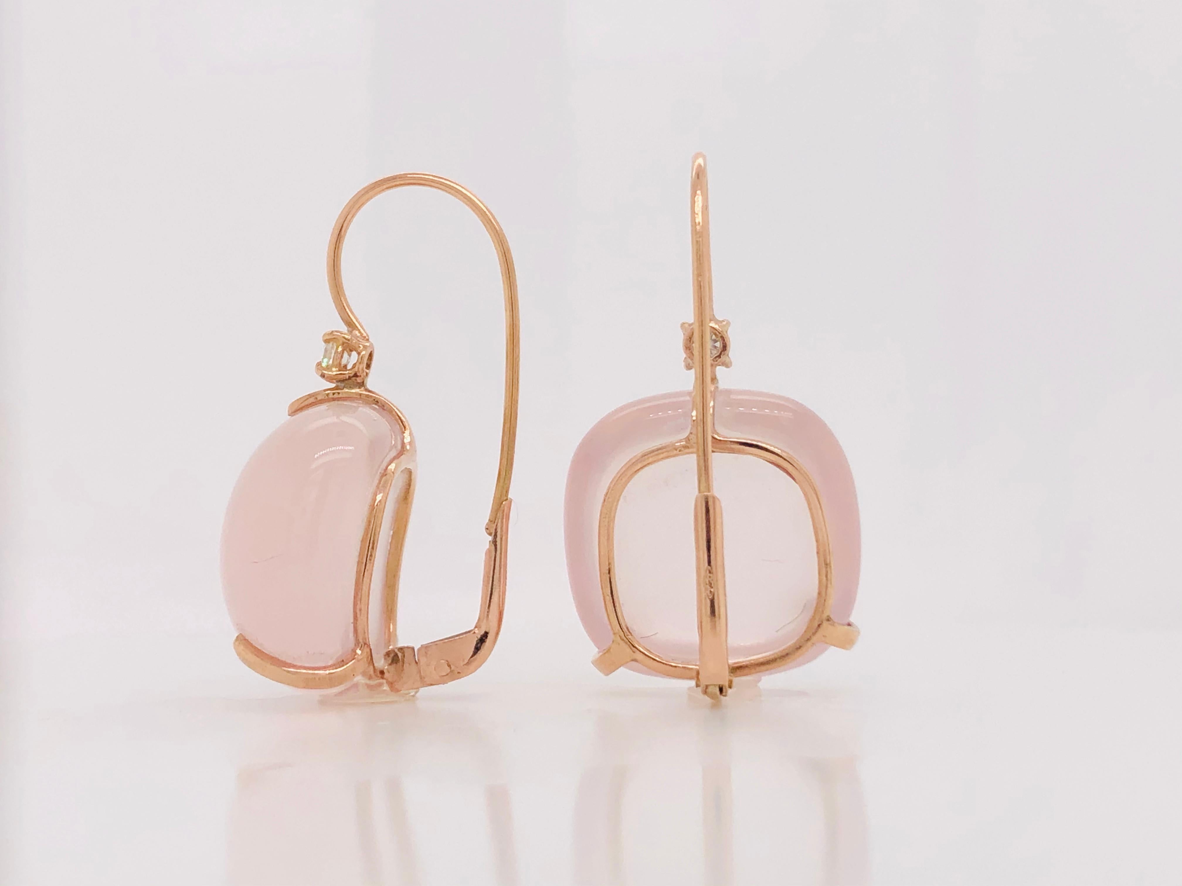 Lever-Back Earrings Pink Quartz Diamonds Rose Gold 18 Karat In New Condition In Vannes, FR