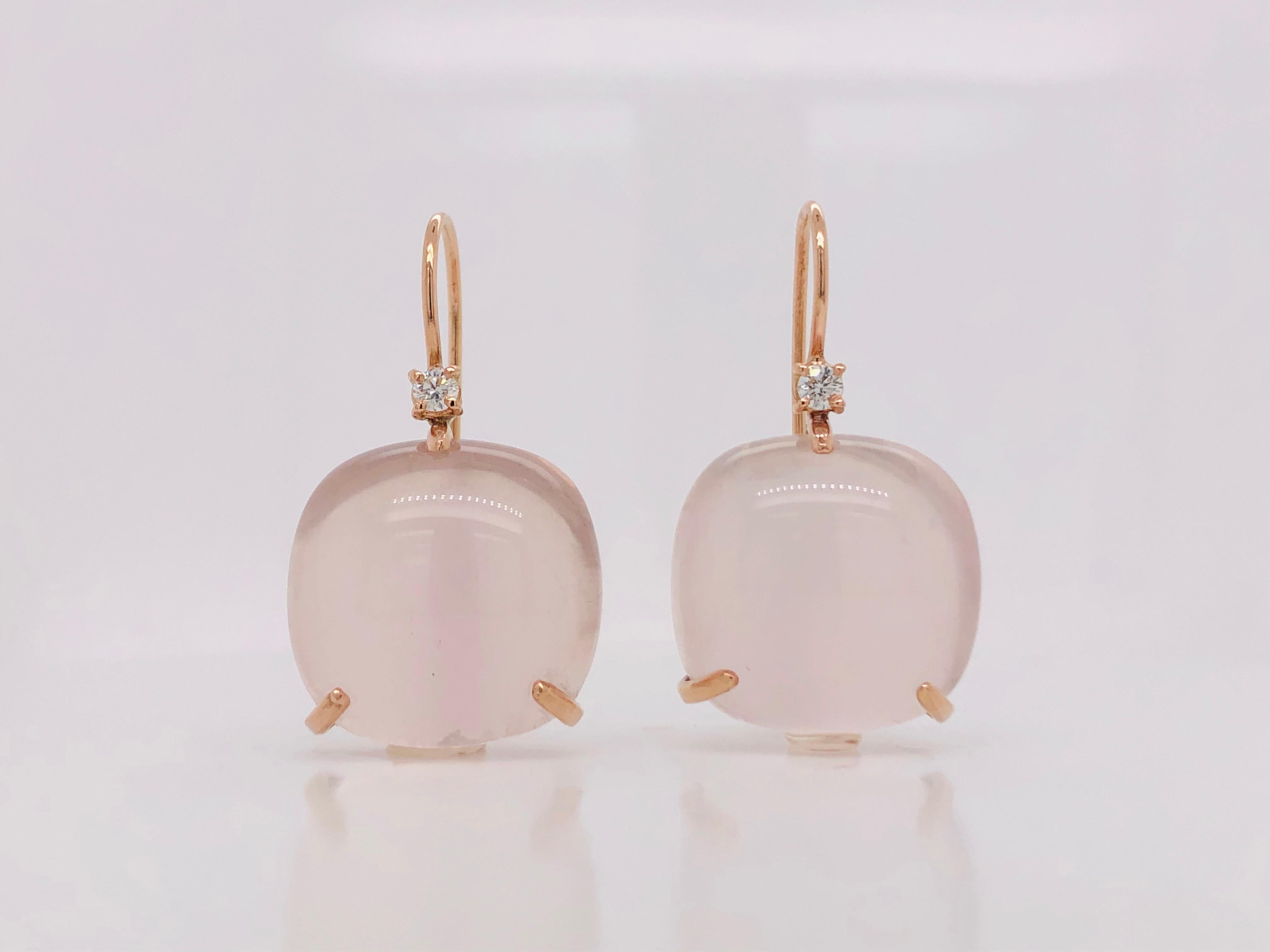 Women's Lever-Back Earrings Pink Quartz Diamonds Rose Gold 18 Karat  For Sale