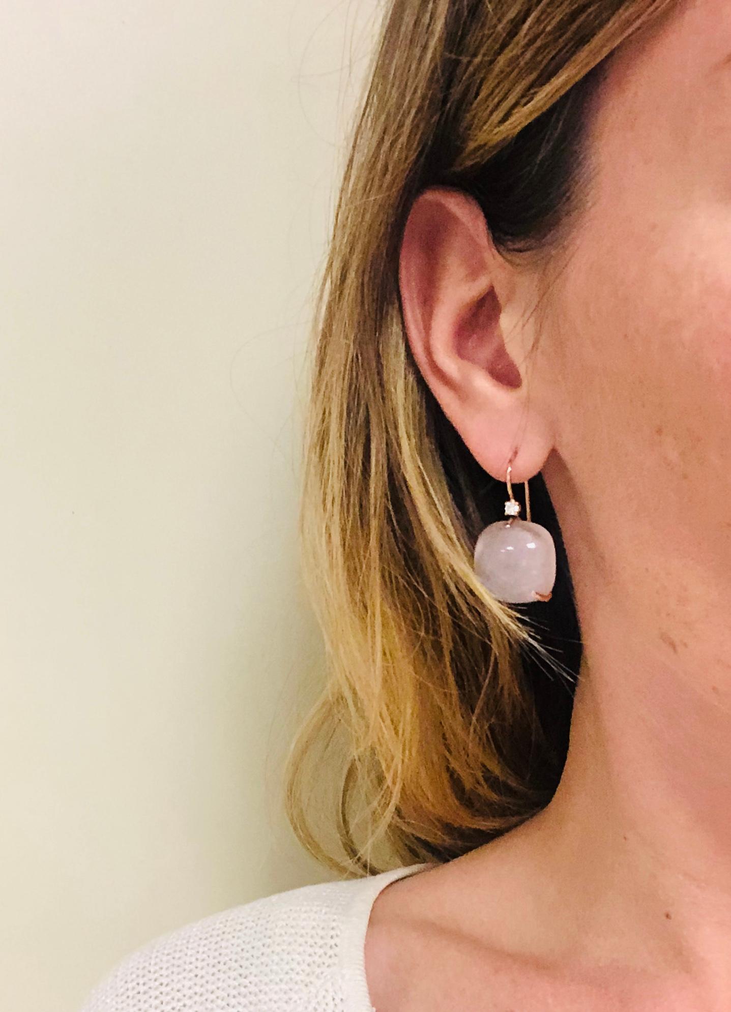 Lever-Back Earrings Pink Quartz Diamonds Rose Gold 18 Karat 1