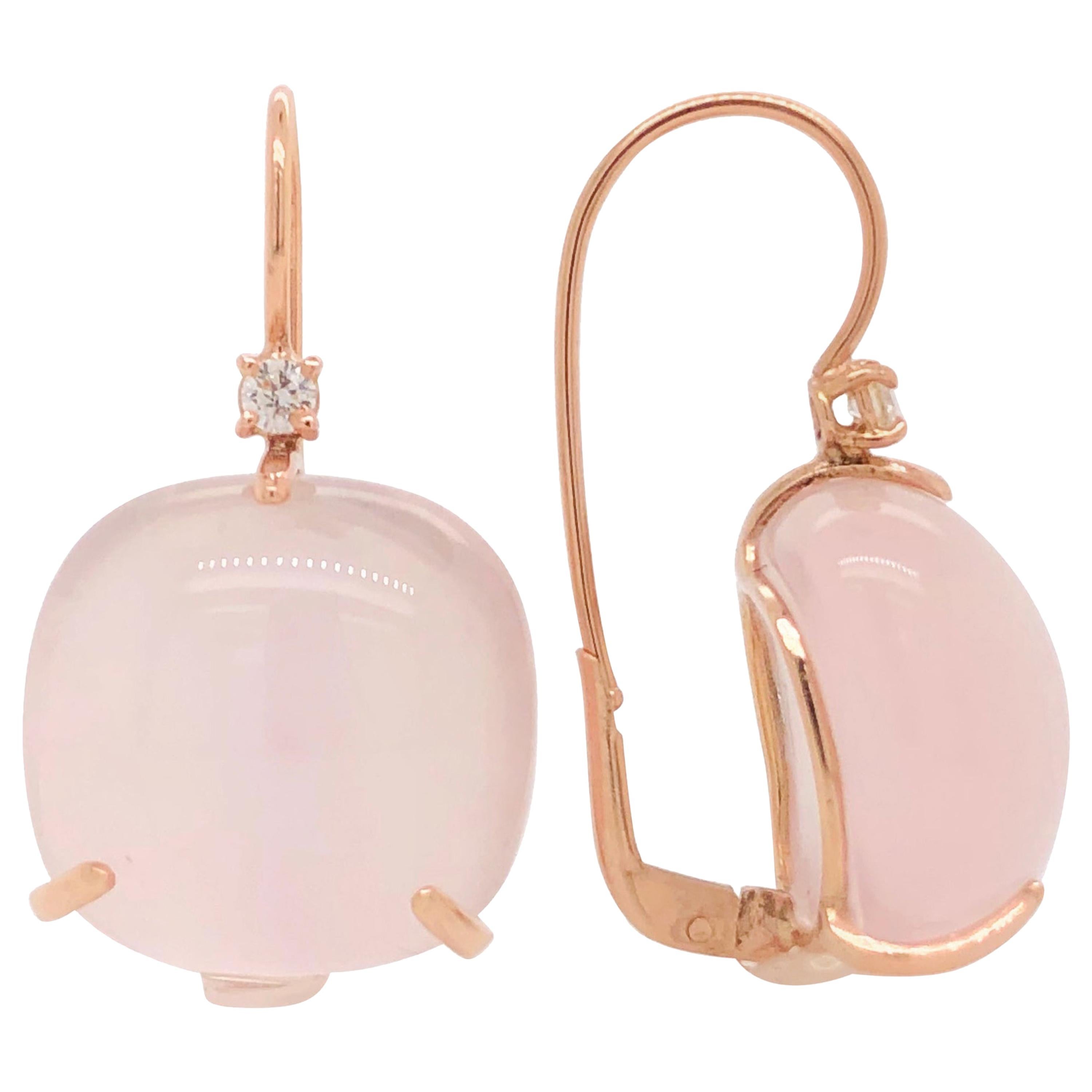 Lever-Back Earrings Pink Quartz Diamonds Rose Gold 18 Karat  For Sale