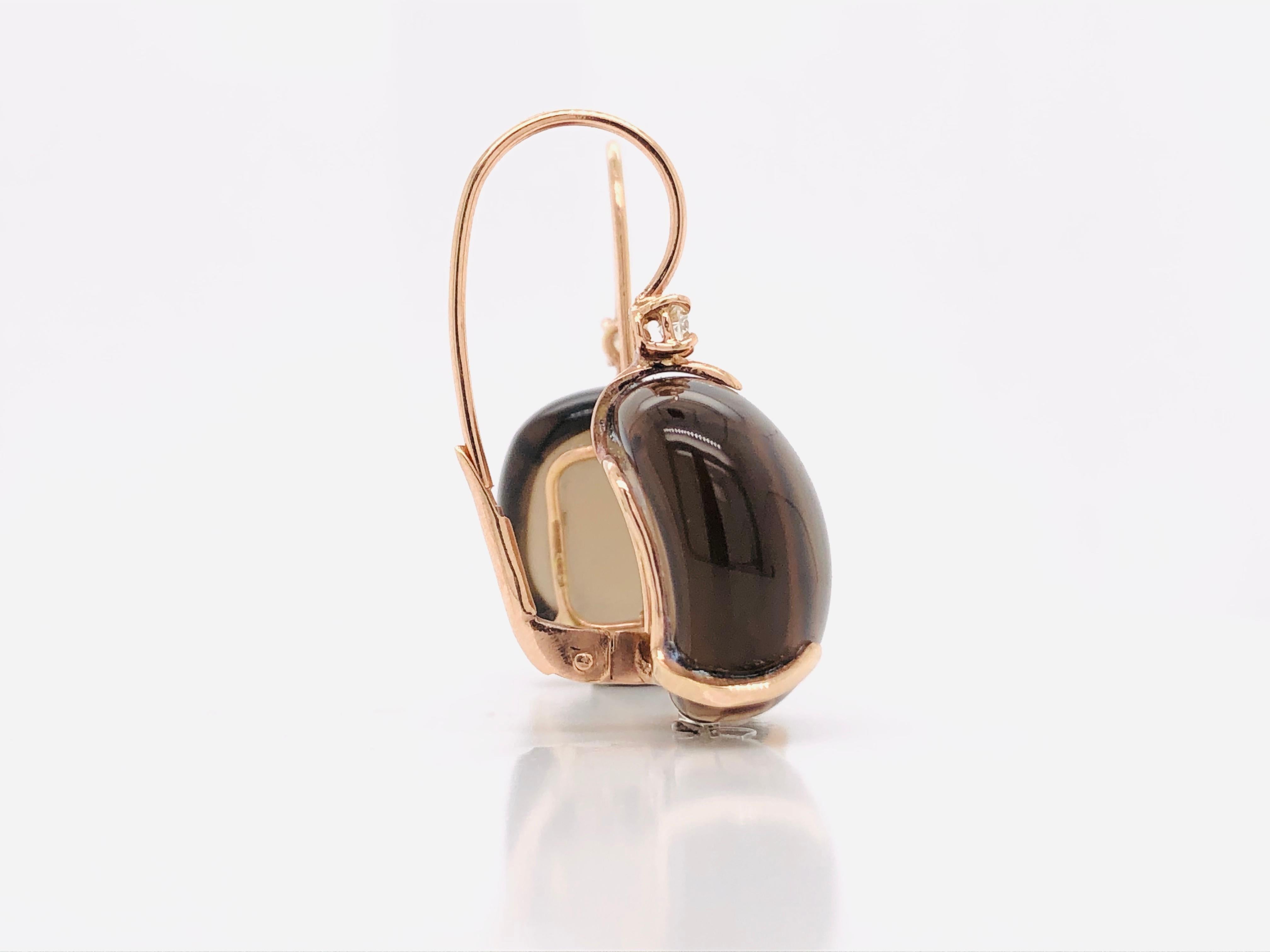 Cabochon Lever-Back Earrings Smoky Quartz, Diamonds on Pink Gold 18 Carat For Sale