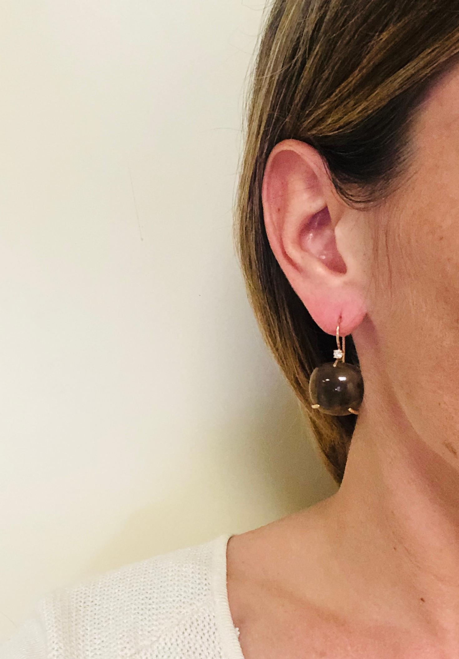 Women's Lever-Back Earrings Smoky Quartz, Diamonds on Pink Gold 18 Carat For Sale