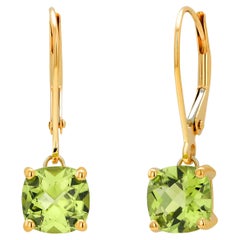 Lever Back Gold Hoop Earrings Designed with Cushion Shaped Pair Green Peridot