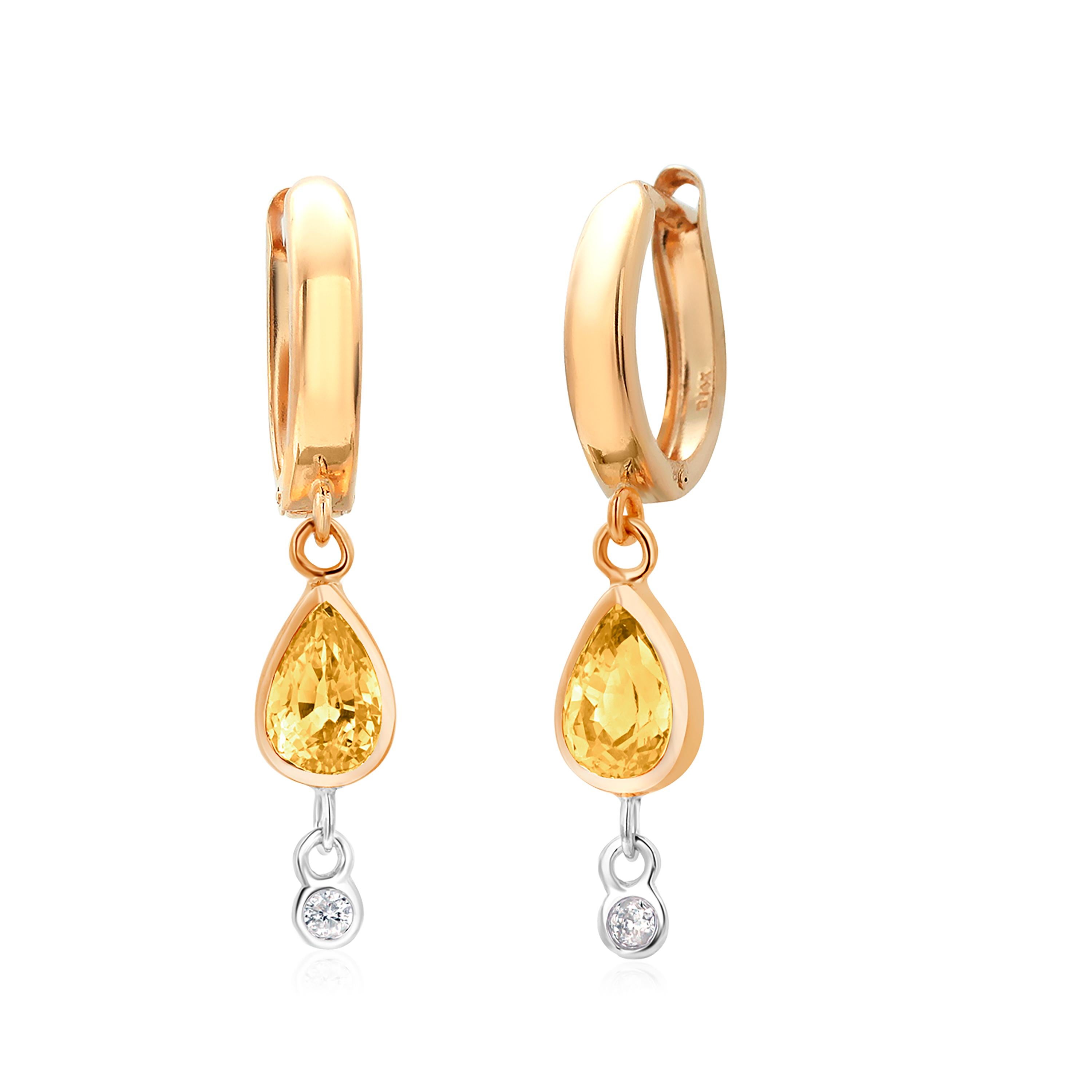 Contemporary Lever Back Huggie Earrings with Diamond and Yellow Sapphire Yellow Gold Drops