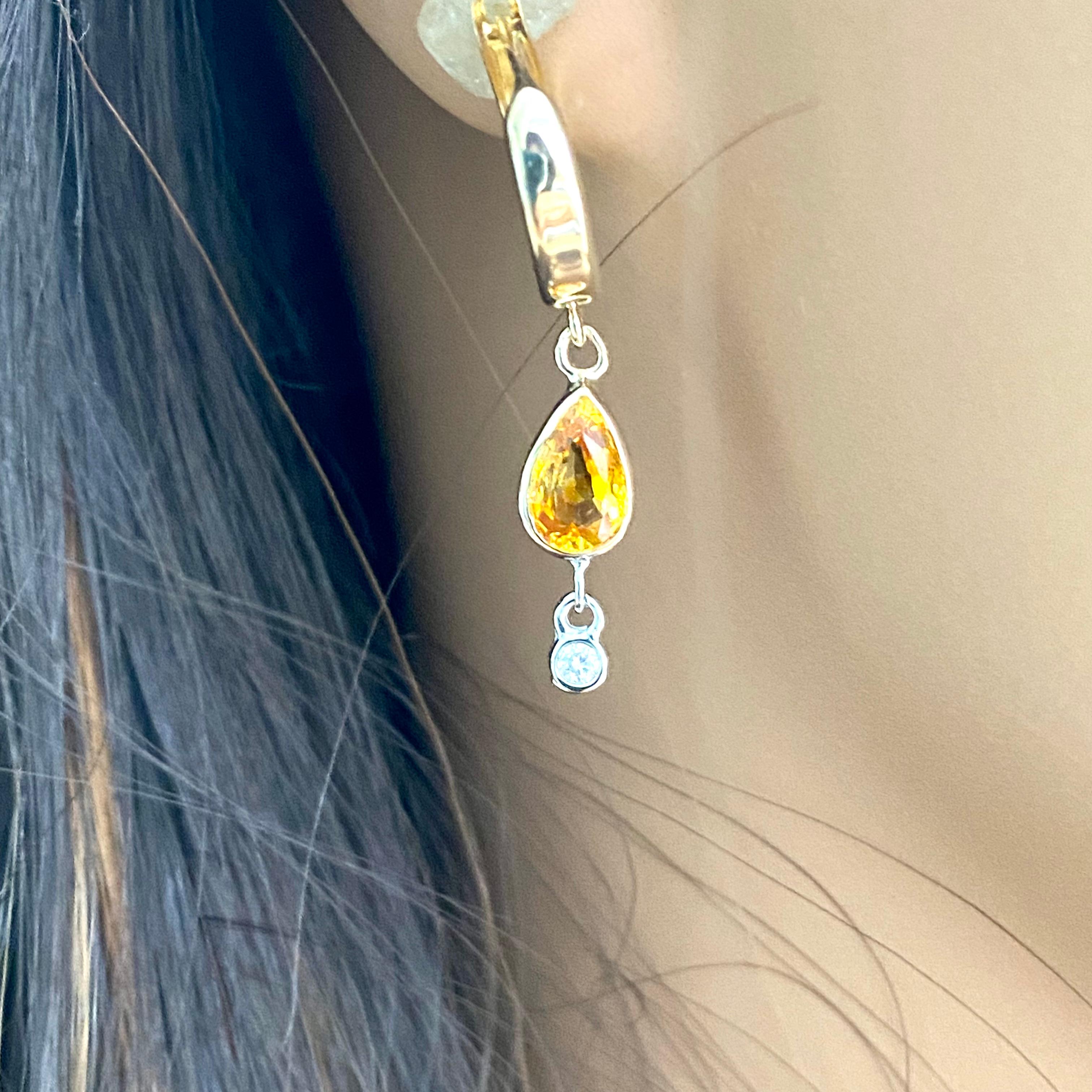 Pear Cut Lever Back Huggie Earrings with Diamond and Yellow Sapphire Yellow Gold Drops