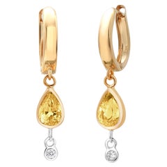 Lever Back Huggie Earrings with Diamond and Yellow Sapphire Yellow Gold Drops