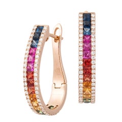 Lever-Back Multi Sapphire Pink Gold 18K Earrings Diamond For Her