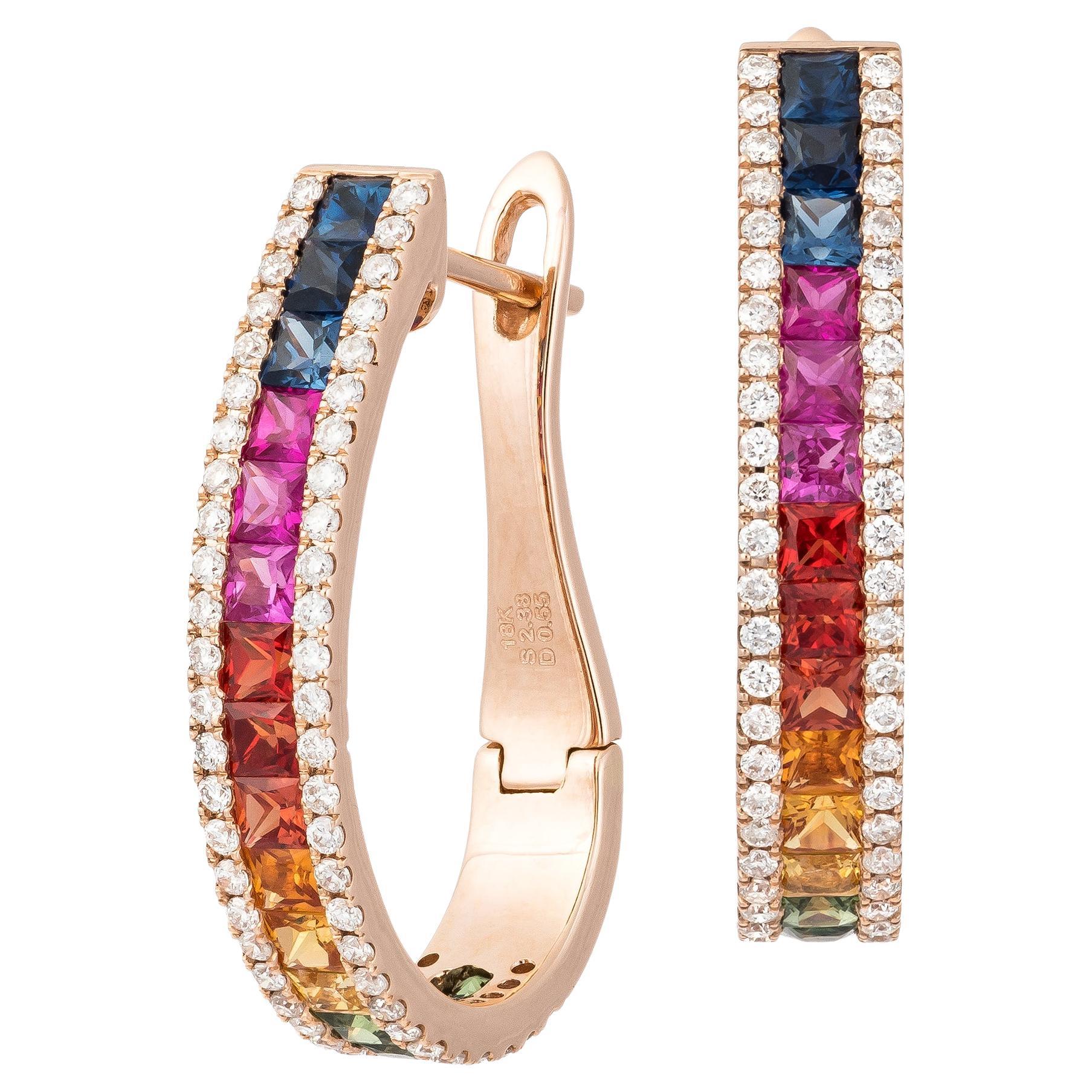 Lever-Back Multi Sapphire Pink Gold 18K Earrings Diamond For Her For Sale