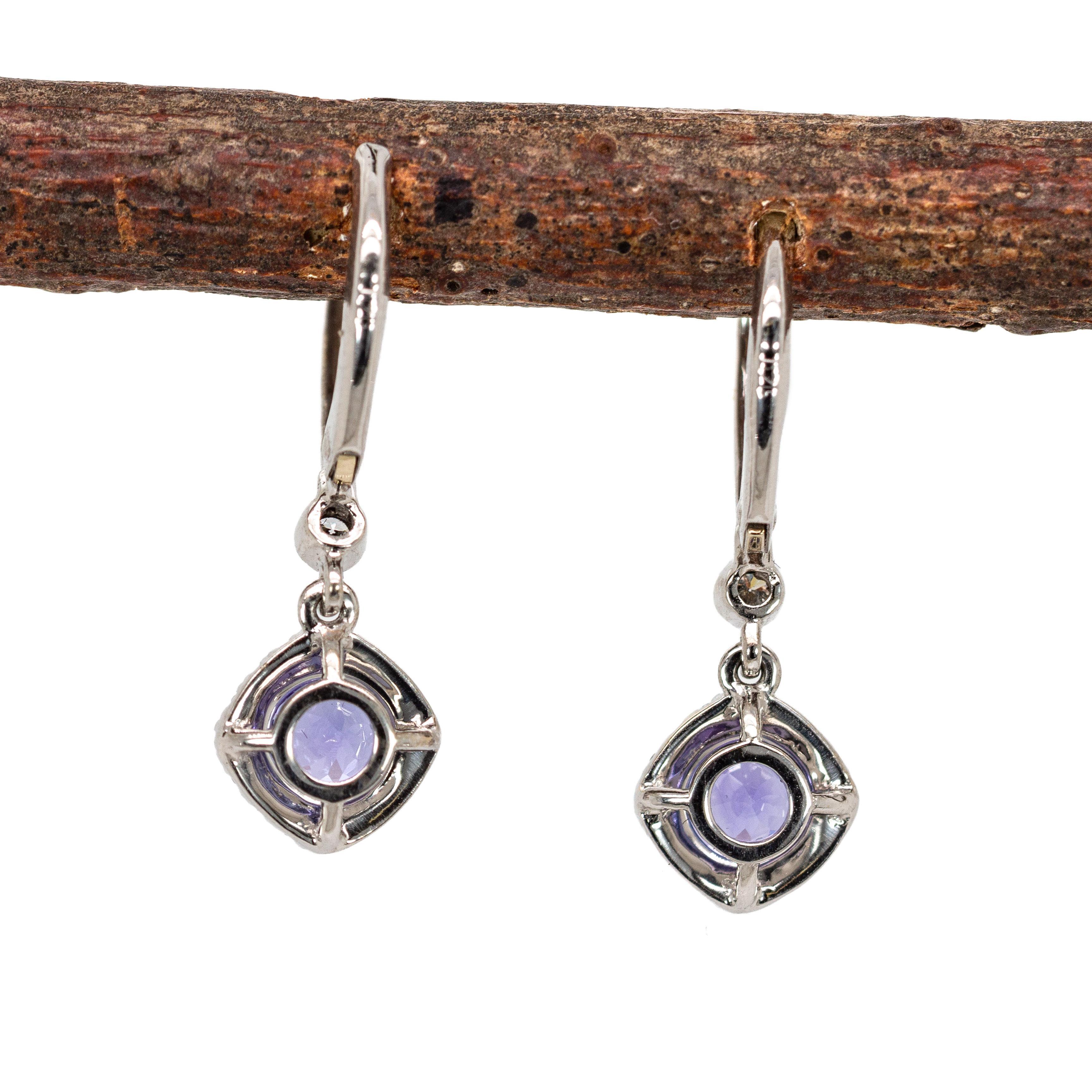 Contemporain Lever Back Tanzanite Dangle Earrings w Natural Diamond Halo in 14K Gold  RD 5mm en vente