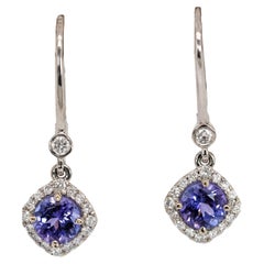 Lever Back Tanzanite Dangle Earrings w Natural Diamond Halo in 14K Gold  RD 5mm