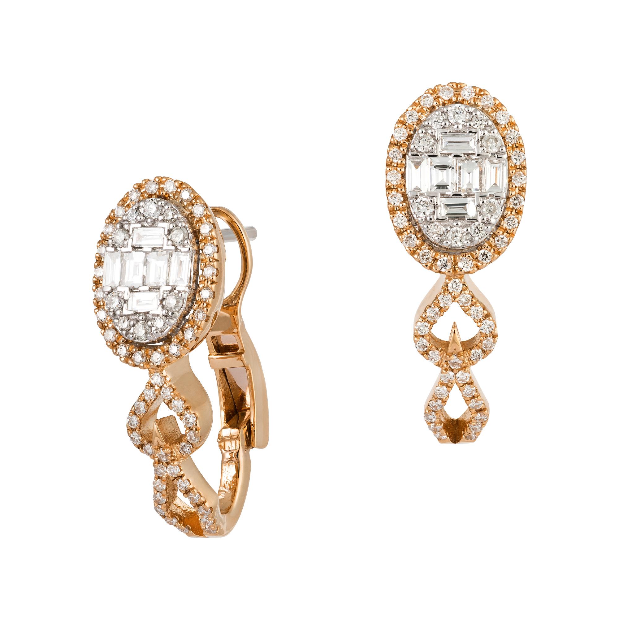 EARRING 18K White/Pink Gold Diamond 0.48 Cts/113 Pcs Tapered Baguette 0.35 Cts/12 Pcs