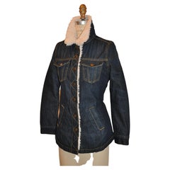 Vintage Levi Faux Fur-Lined Distress Navy Denim Snap-Front Collar Scallop Hemline Jacket