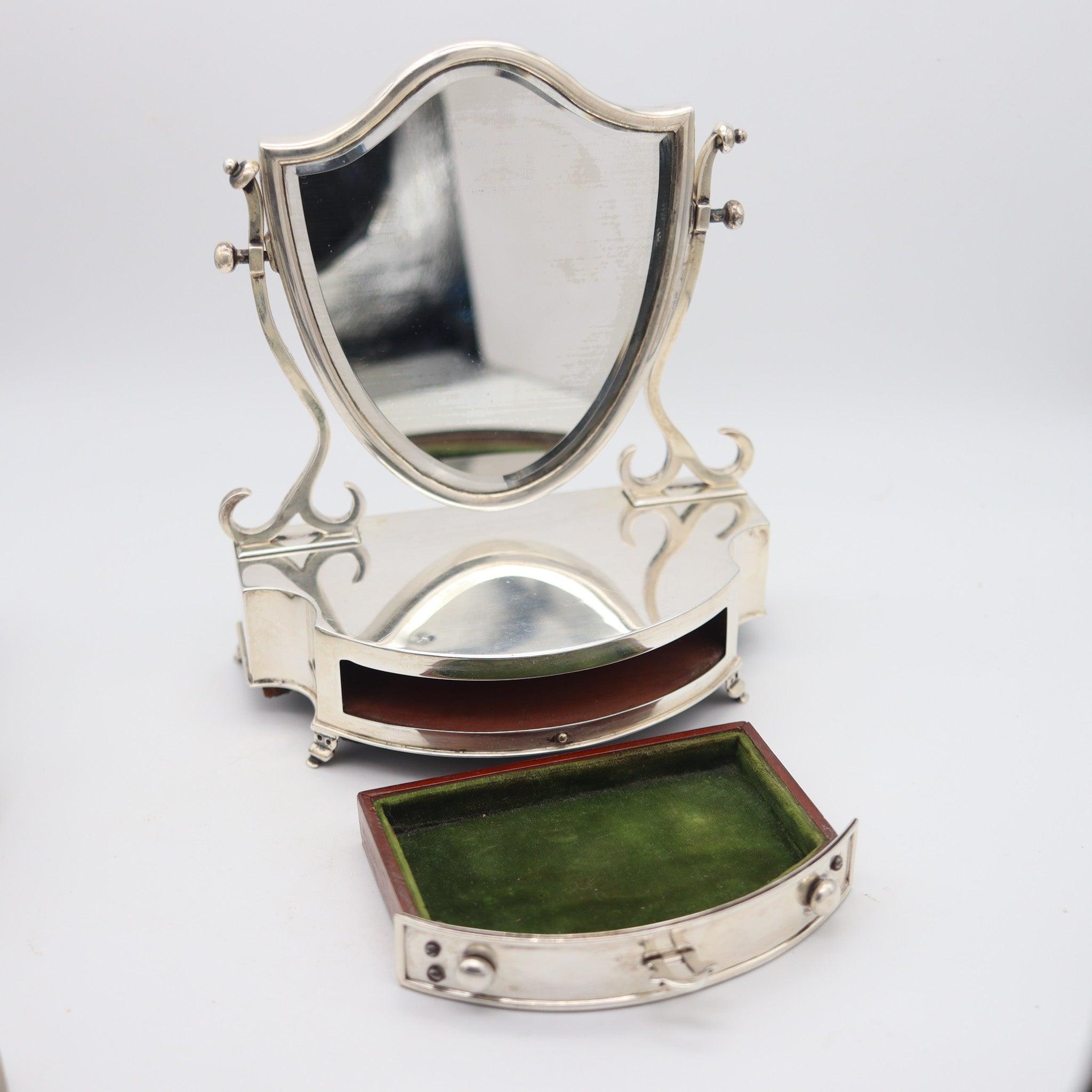 20th Century LEVI & SALAMAN 1902 Birmingham Desk Chest With Mirror In .925 Sterling Silver For Sale