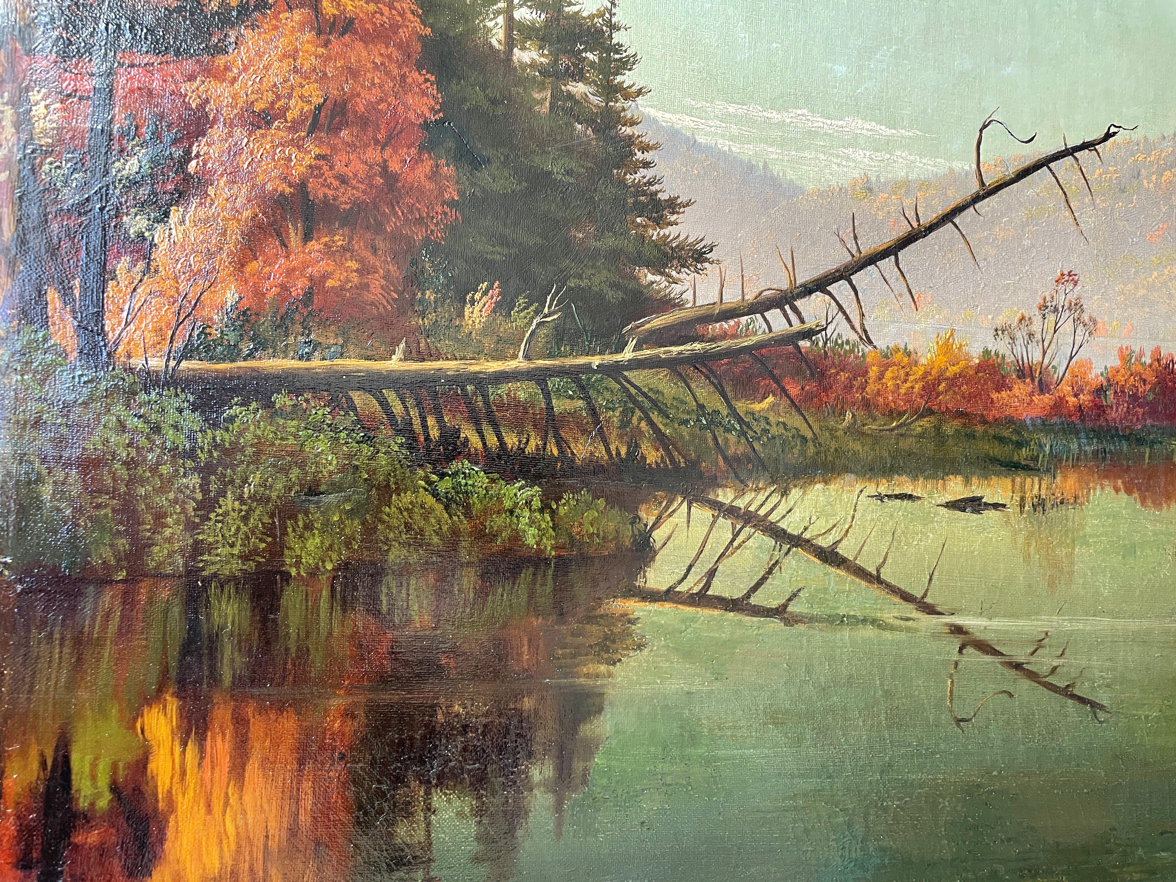 Levi Wells Prentice (1851 - 1935) 
Adirondacks Lake
Oil on canvas
18 x 35 1/2 inches
Unsigned
Unframed

Self-taught artist Levi Wells Prentice is best known for his realistic still-life compositions of fruit arranged within a landscape, or