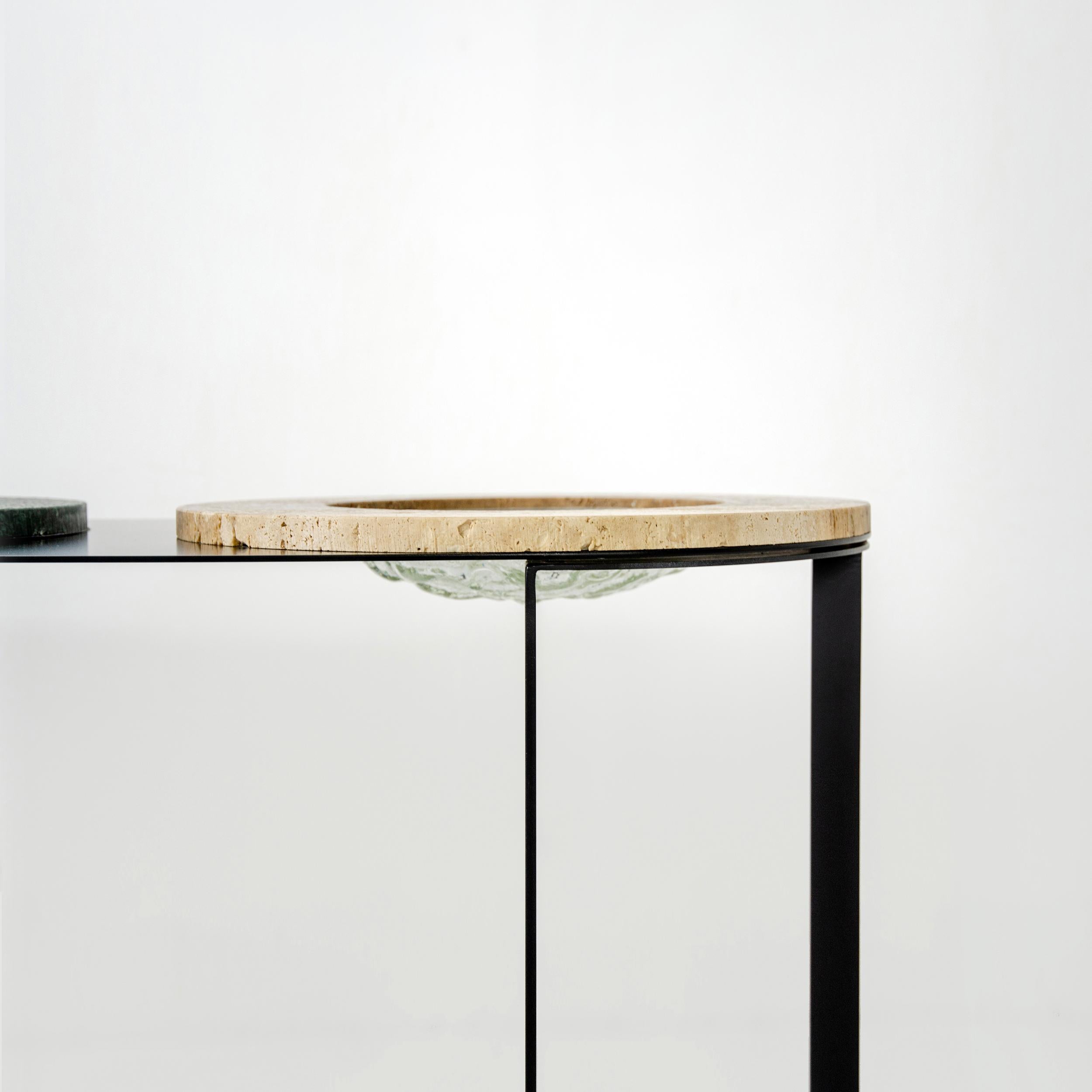 Fatto a mano Levia Signa Small Table by Atlasproject Travertino and Green Guatemala Marble in vendita