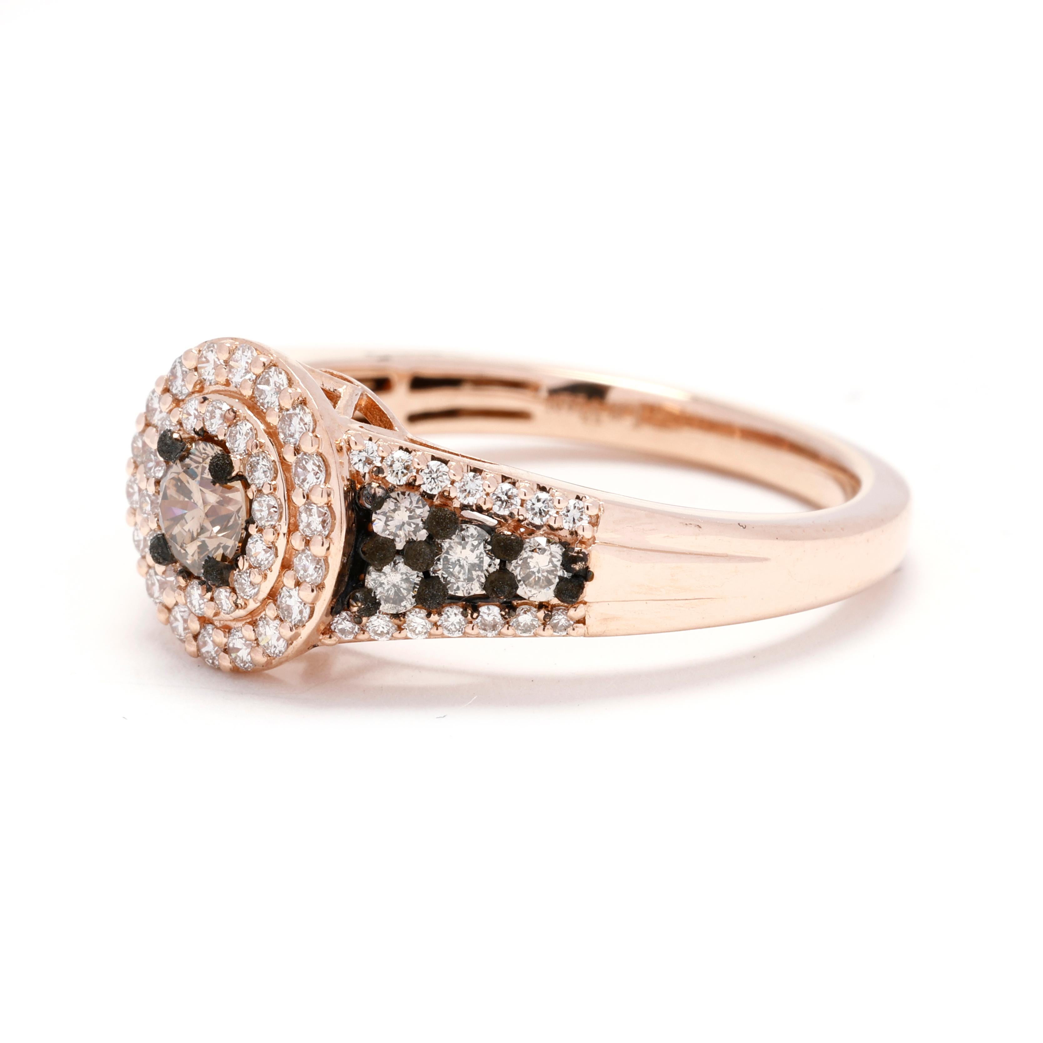Make a bold statement of love with this stunning LeVian 0.85ctw Diamond Engagement Ring. Expertly crafted in romantic 14K rose gold, this mesmerizing ring features a breathtaking array of round brilliant diamonds set in a unique and eye-catching