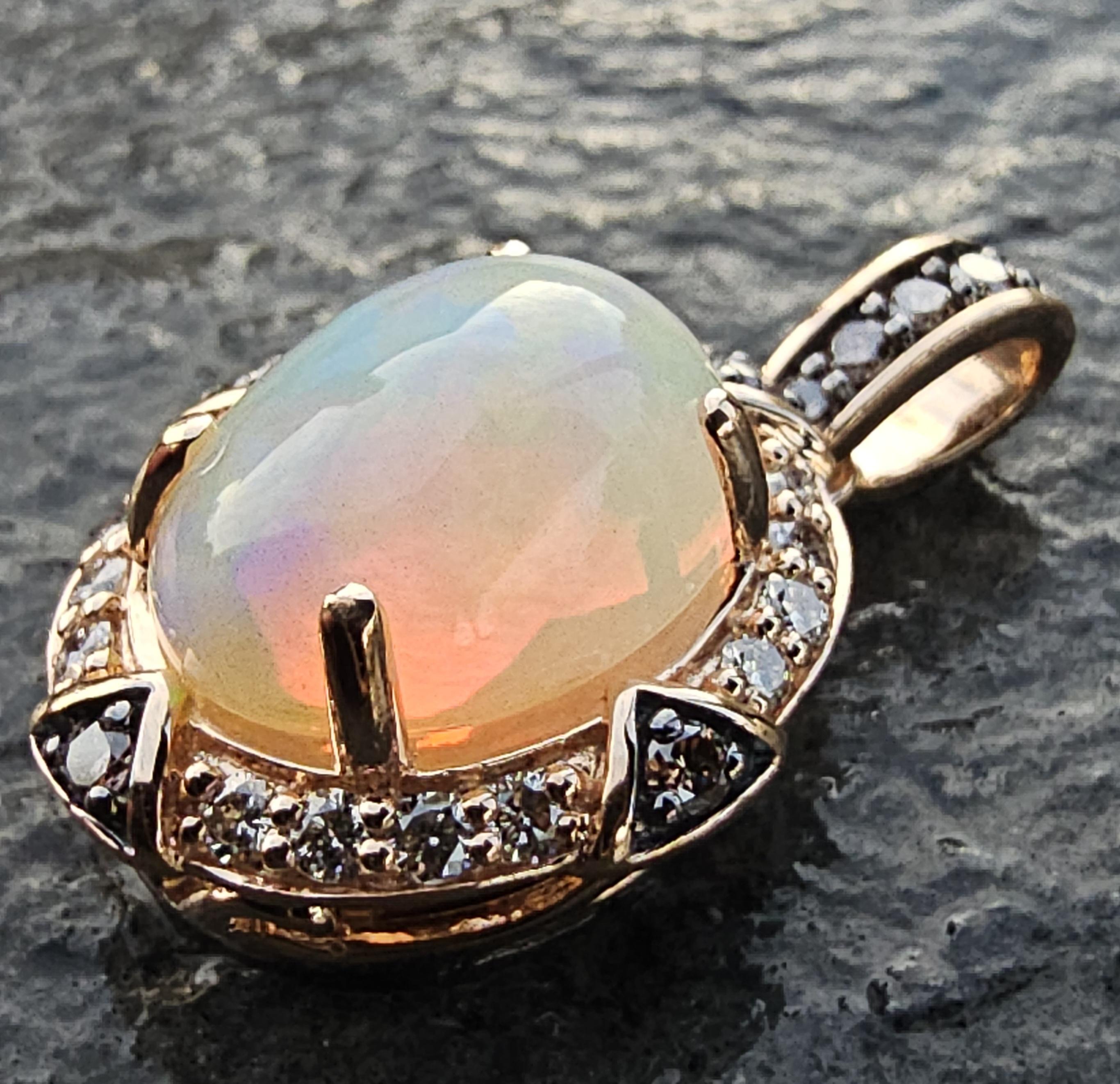 Cabochon Ciondolo Levian 12x10mm Opale Ovale Diamante Oro Rosa 14k Cioccolato Bianco 4,6g 1