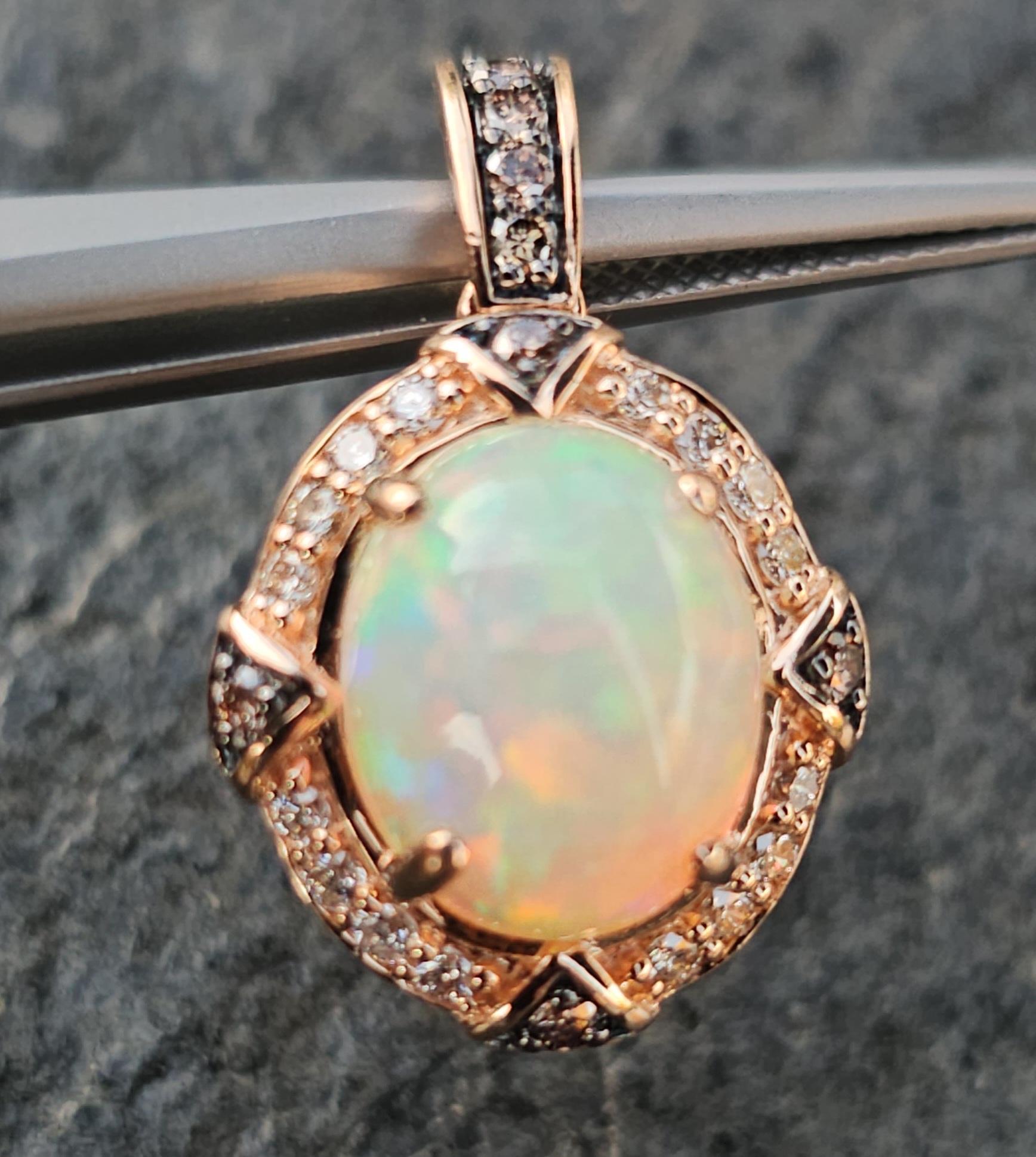 Ciondolo Levian 12x10mm Opale Ovale Diamante Oro Rosa 14k Cioccolato Bianco 4,6g 1