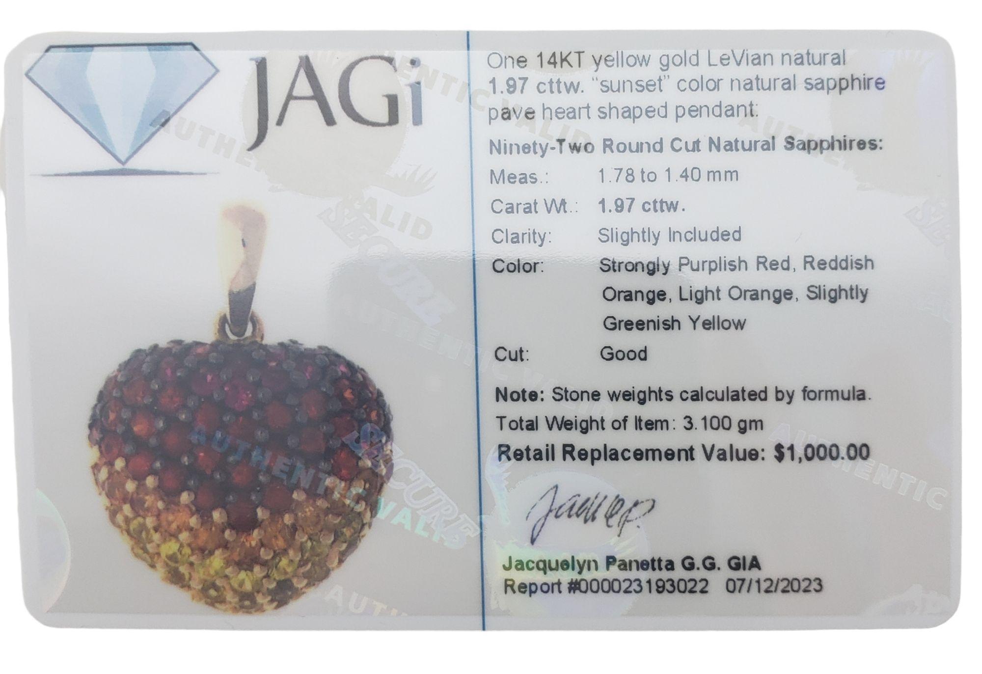 LeVian 14 K Yellow Gold Sapphire Heart Pendant #15078 For Sale 2
