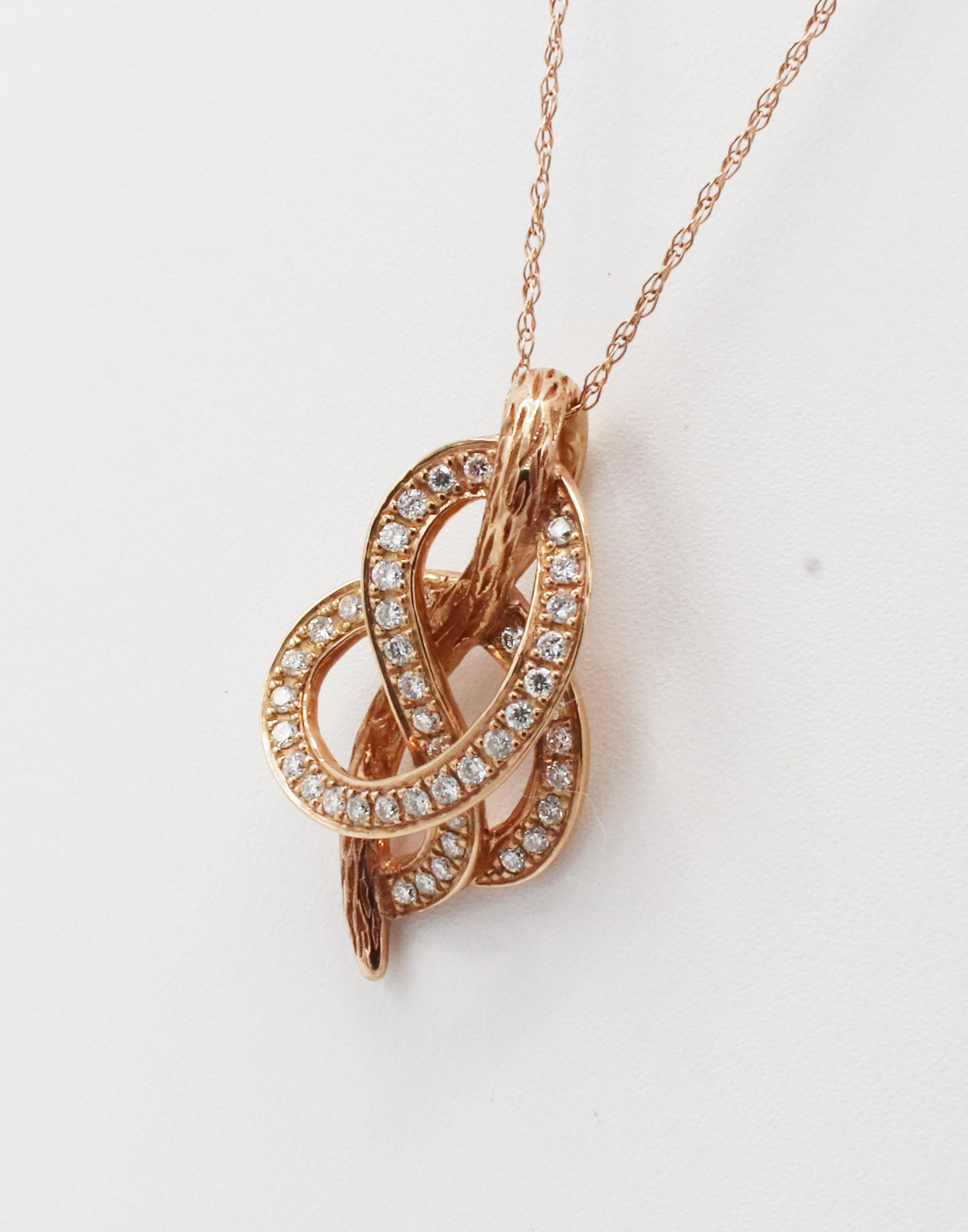 Modern LeVian 14 Karat Rose Gold Natural Diamond Swirl Pendant Drop Necklace For Sale