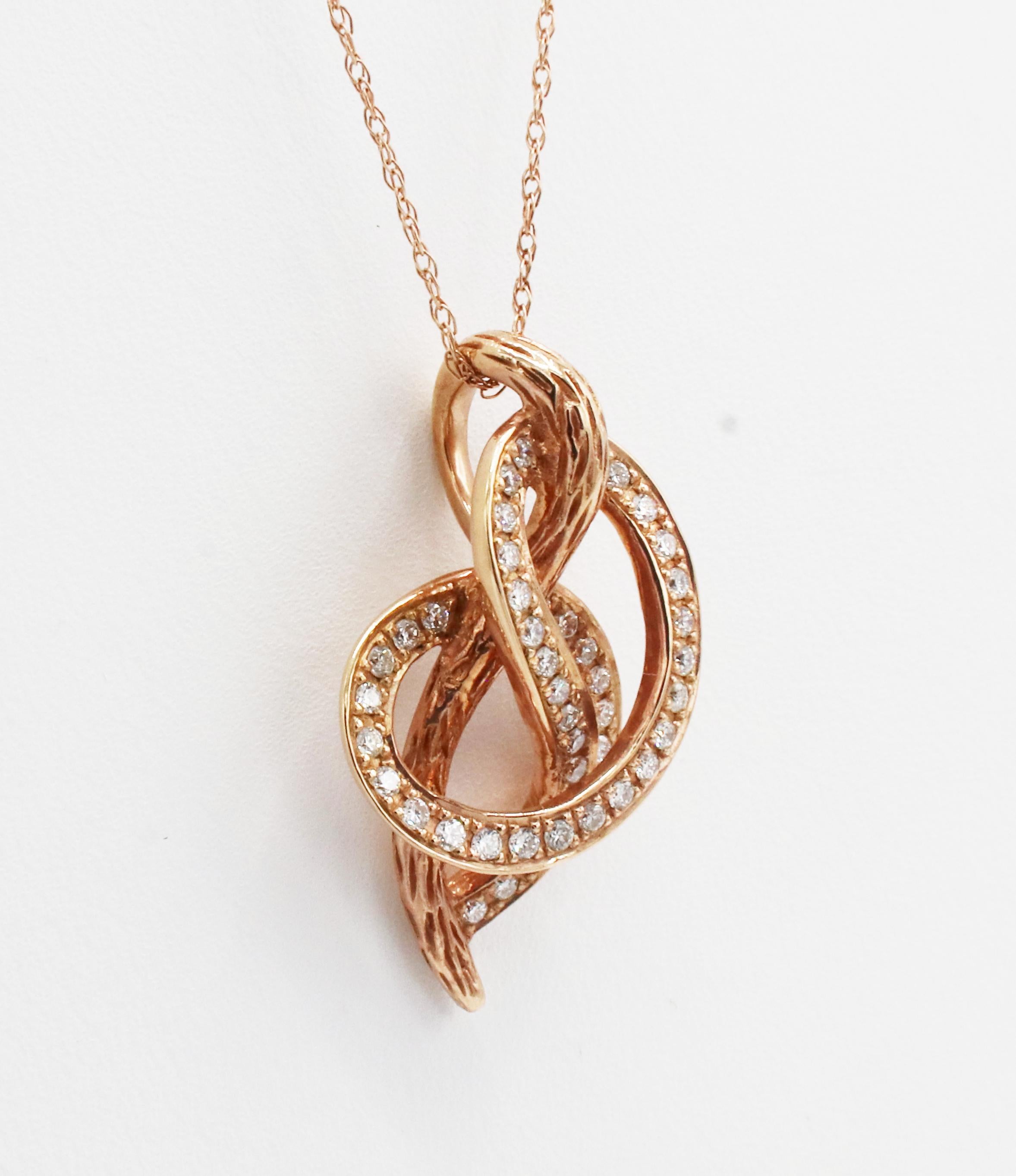 Round Cut LeVian 14 Karat Rose Gold Natural Diamond Swirl Pendant Drop Necklace For Sale