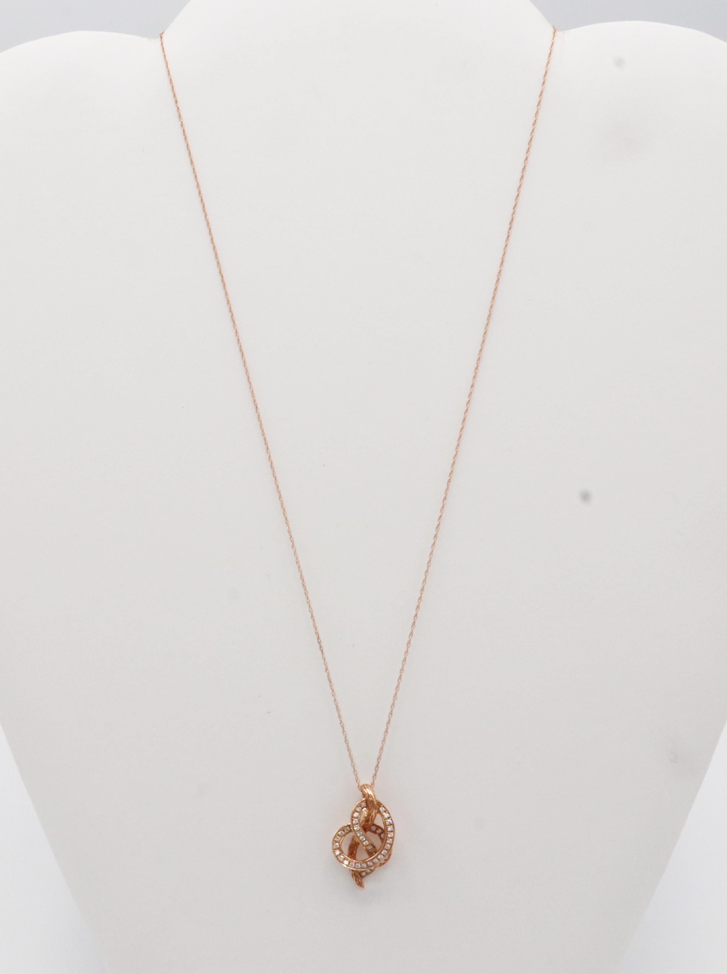 Women's LeVian 14 Karat Rose Gold Natural Diamond Swirl Pendant Drop Necklace For Sale