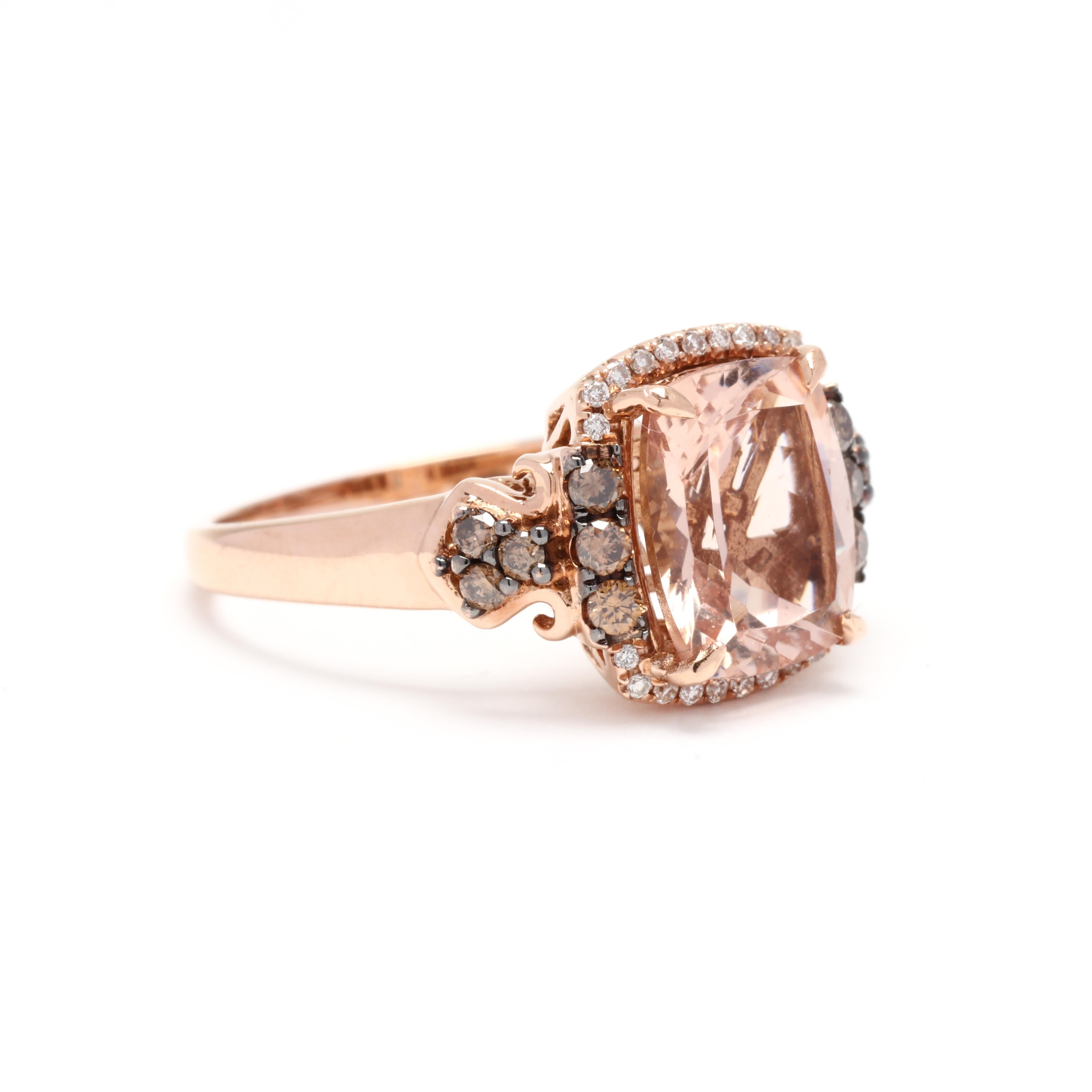 LeVian 14 karat rose gold morganite and diamond ring. This ring features a prong set, cushion cut morganite centerstone weighing approximately 2.50 carats surrounded by a halo of diamonds weighing approximately .08 total carats and with a cluster of