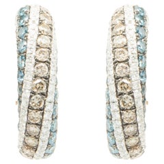 LeVian 14 Karat White Gold Blue and Chocolate Diamond Hoop Earrings