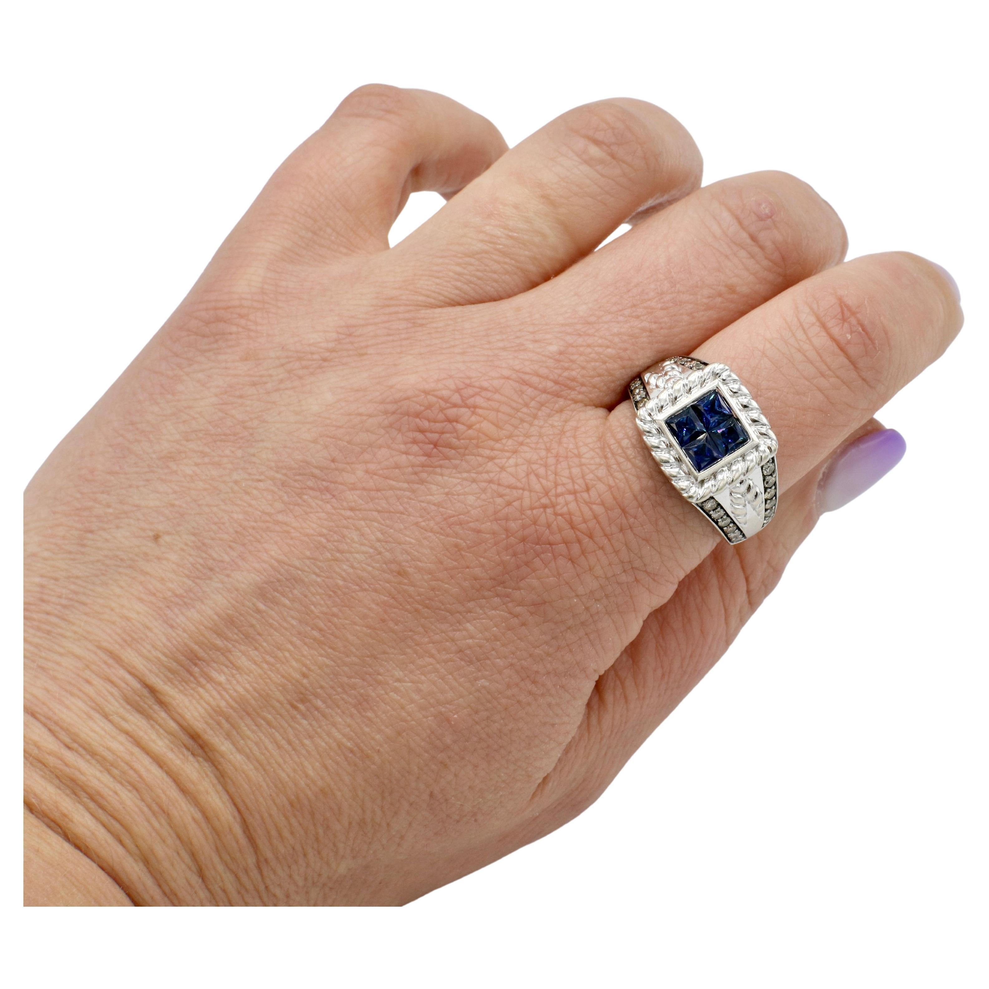 Women's or Men's Levian 14 Karat White Gold Blue Sapphire & Chocolate Diamond Ring  For Sale