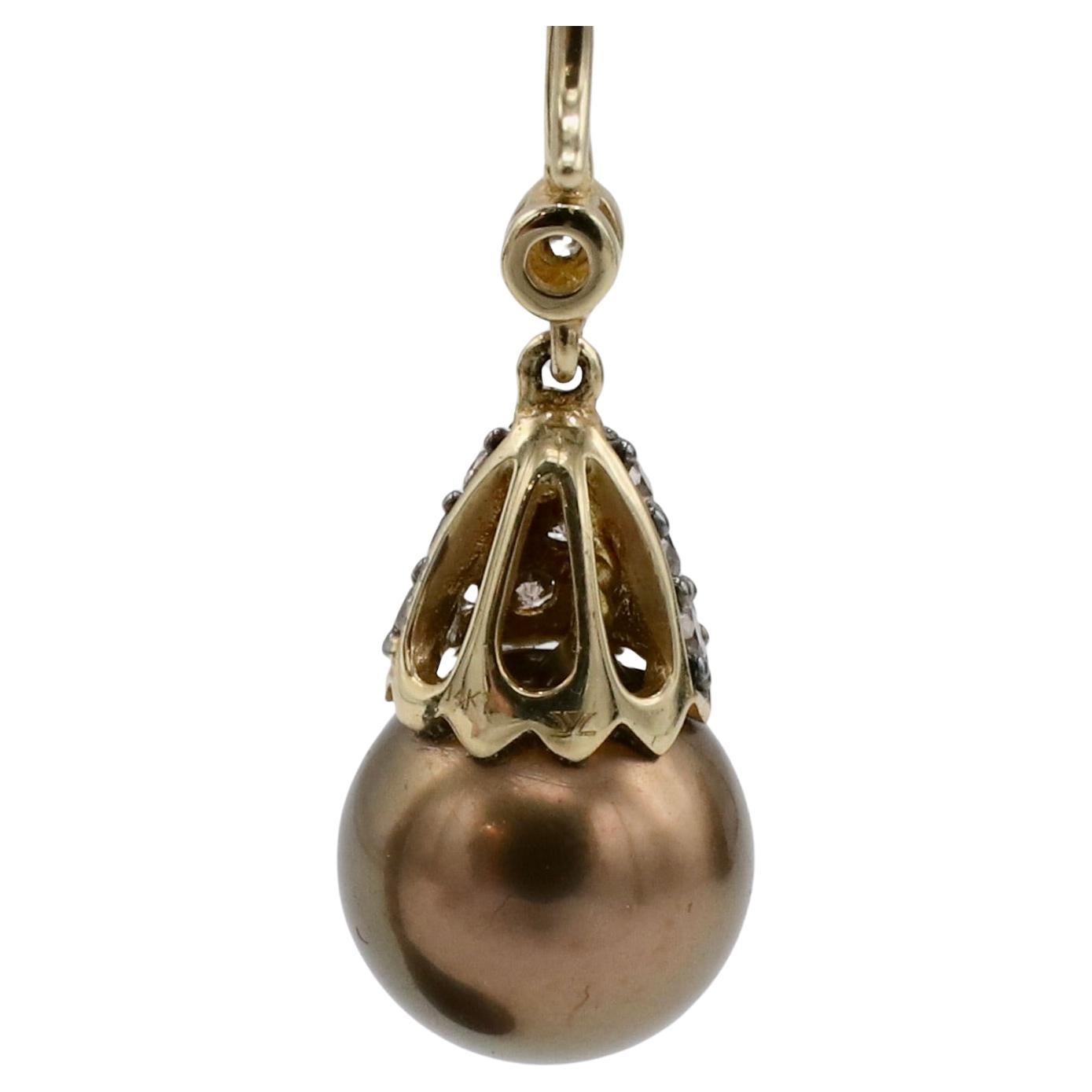 Women's or Men's LeVian 14 Karat Yellow Gold Brown Pearl & Natural Diamond Drop Earrings  For Sale