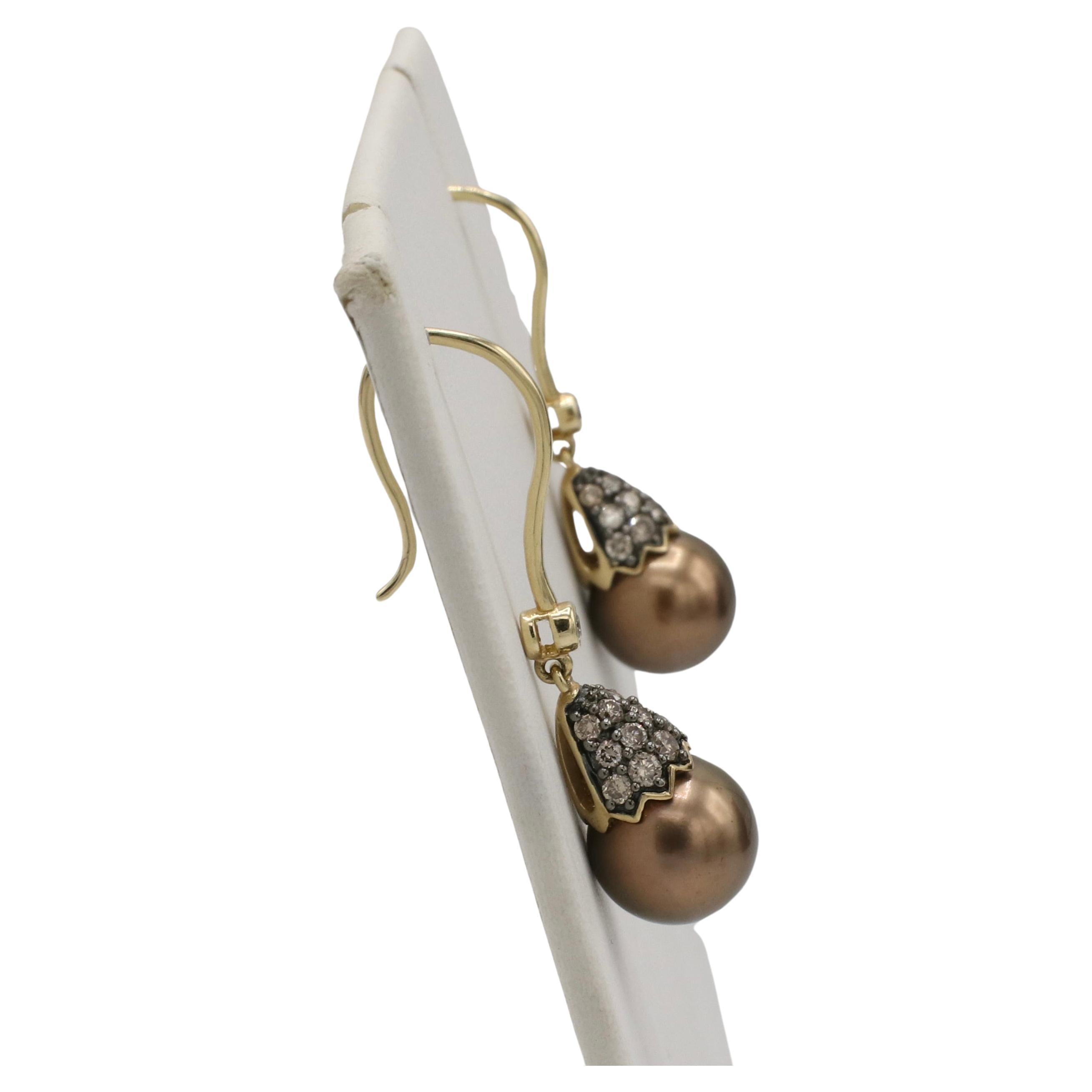 LeVian 14 Karat Yellow Gold Brown Pearl & Natural Diamond Drop Earrings  For Sale 1
