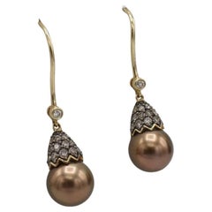 LeVian 14 Karat Yellow Gold Brown Pearl & Natural Diamond Drop Earrings