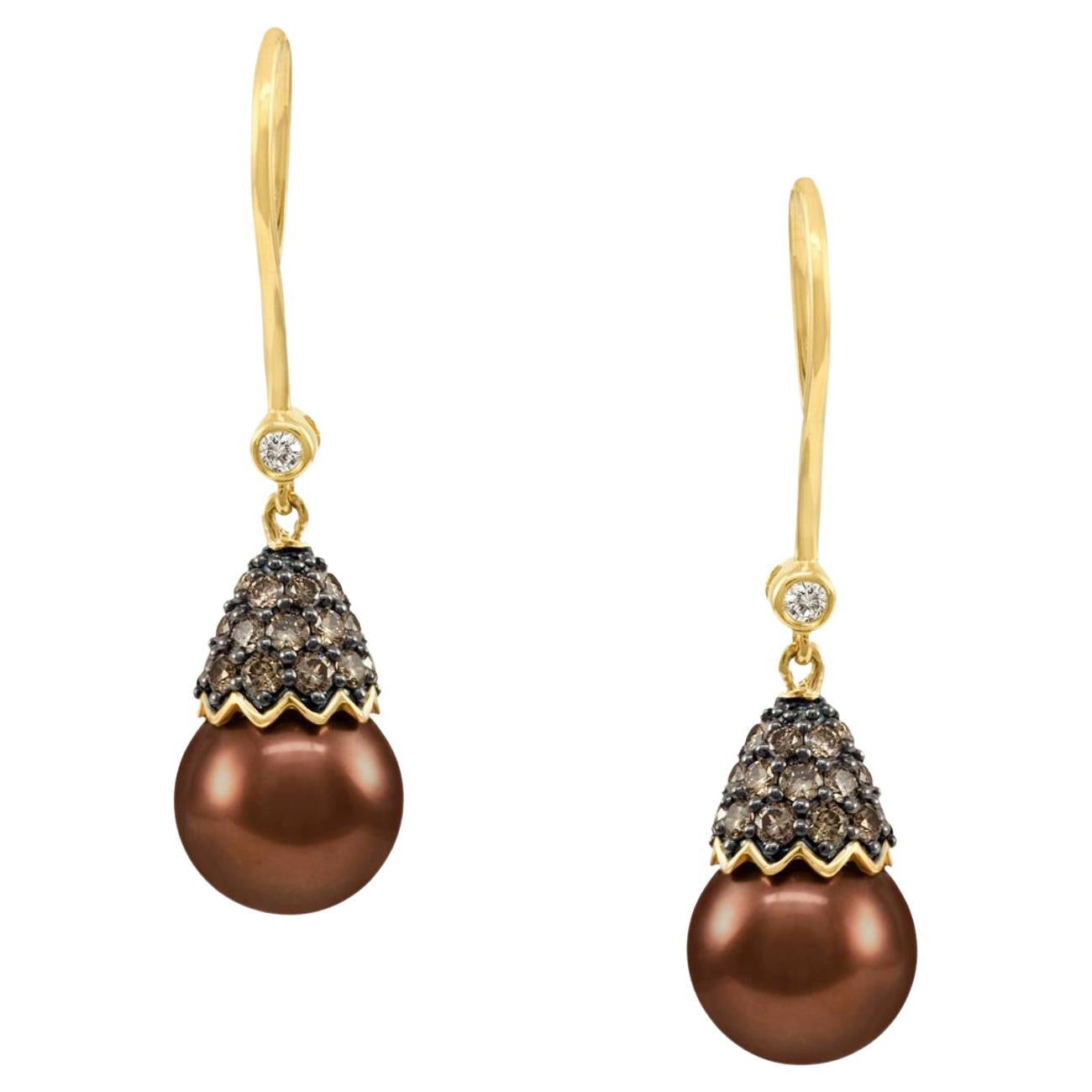 LeVian 14 Karat Yellow Gold Brown Pearl & Natural Diamond Drop Earrings  For Sale