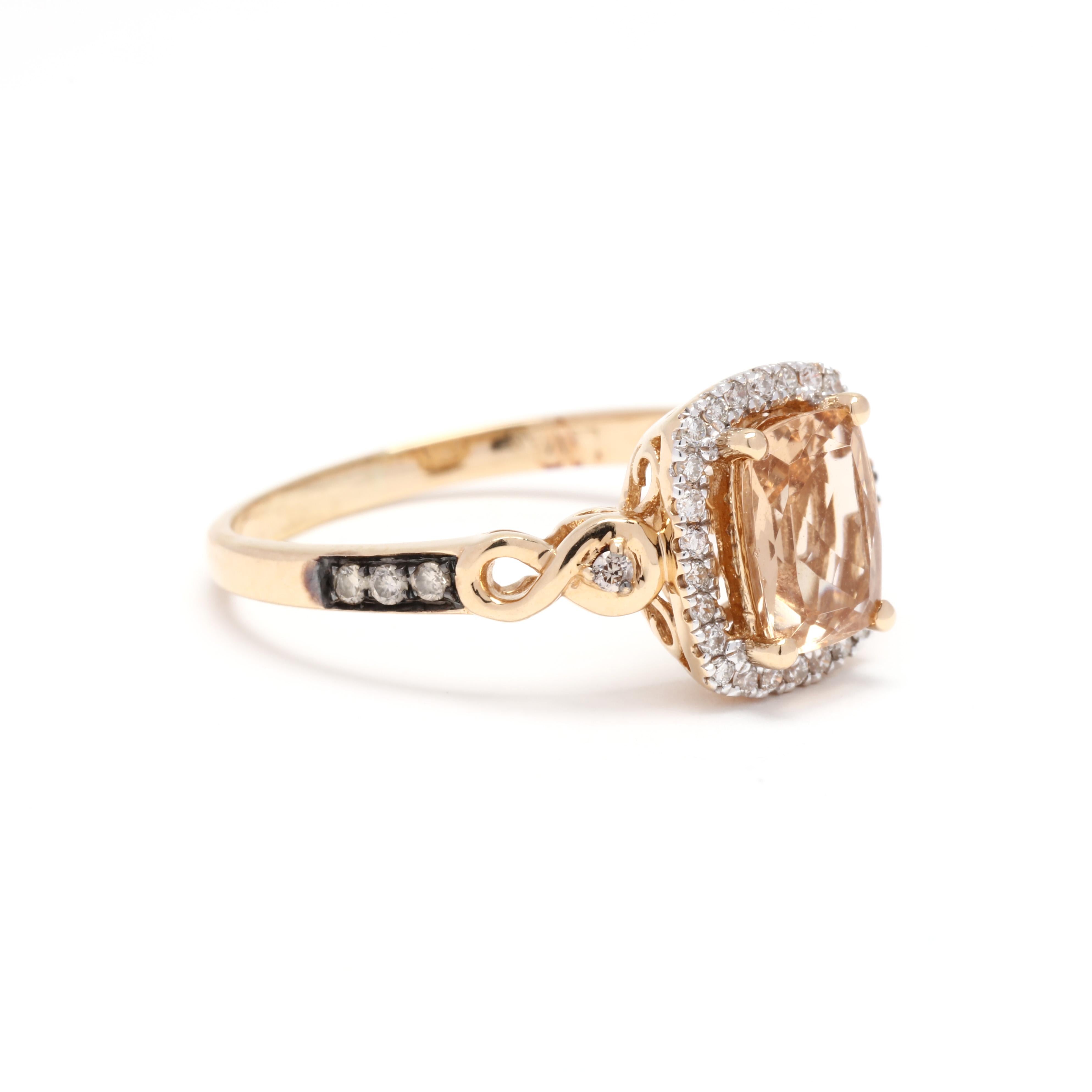 A LeVian 14 karat yellow gold heliodor beryl and diamond ring. This ring features a prong set, cushion cut heliodor beryl weighing approximately 1.50 carats surrounded by a halo of full cut round diamonds weighing approximately .15 total carats and