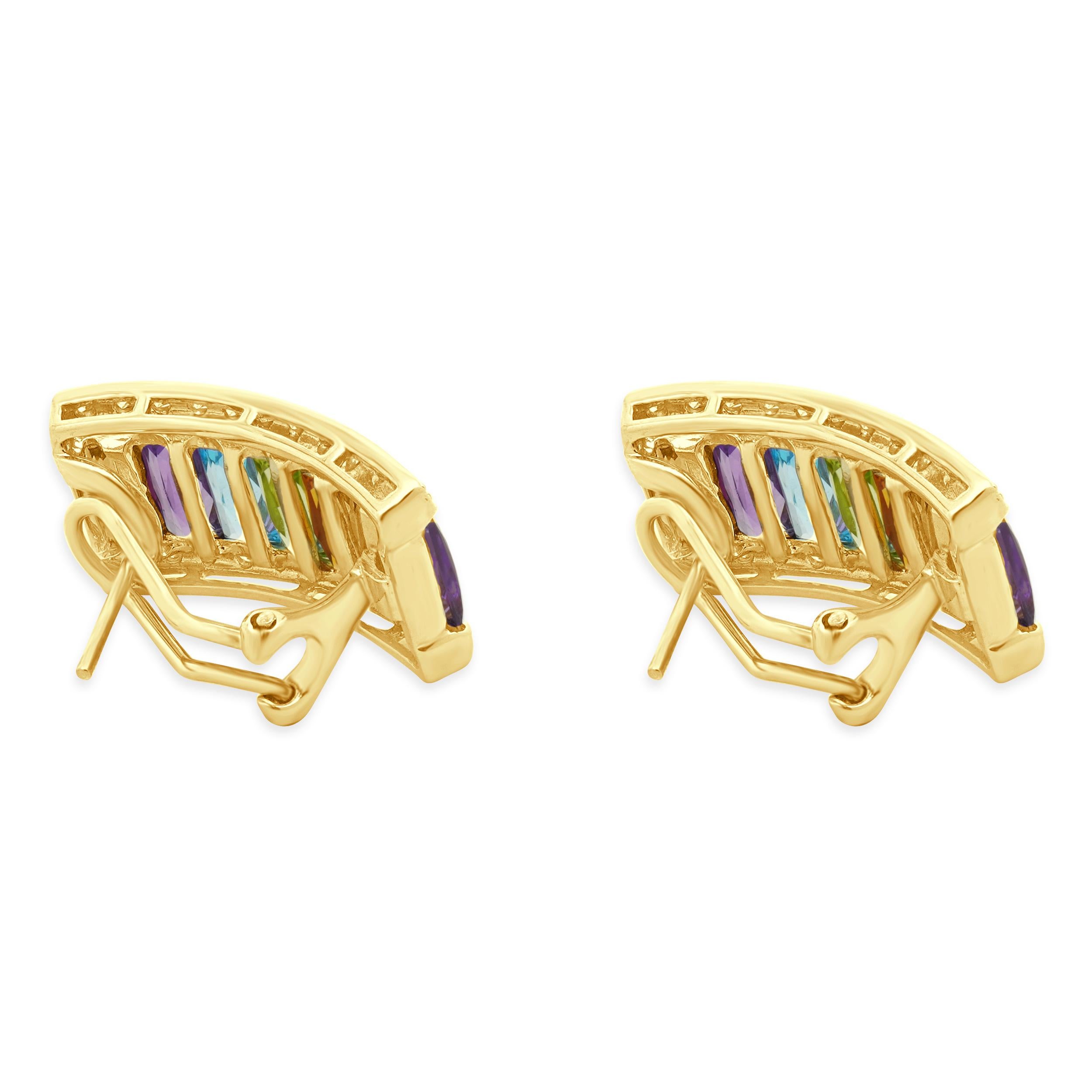 Round Cut LeVian 14 Karat Yellow Gold Multi Colored Gemstone and Diamond Earrings For Sale