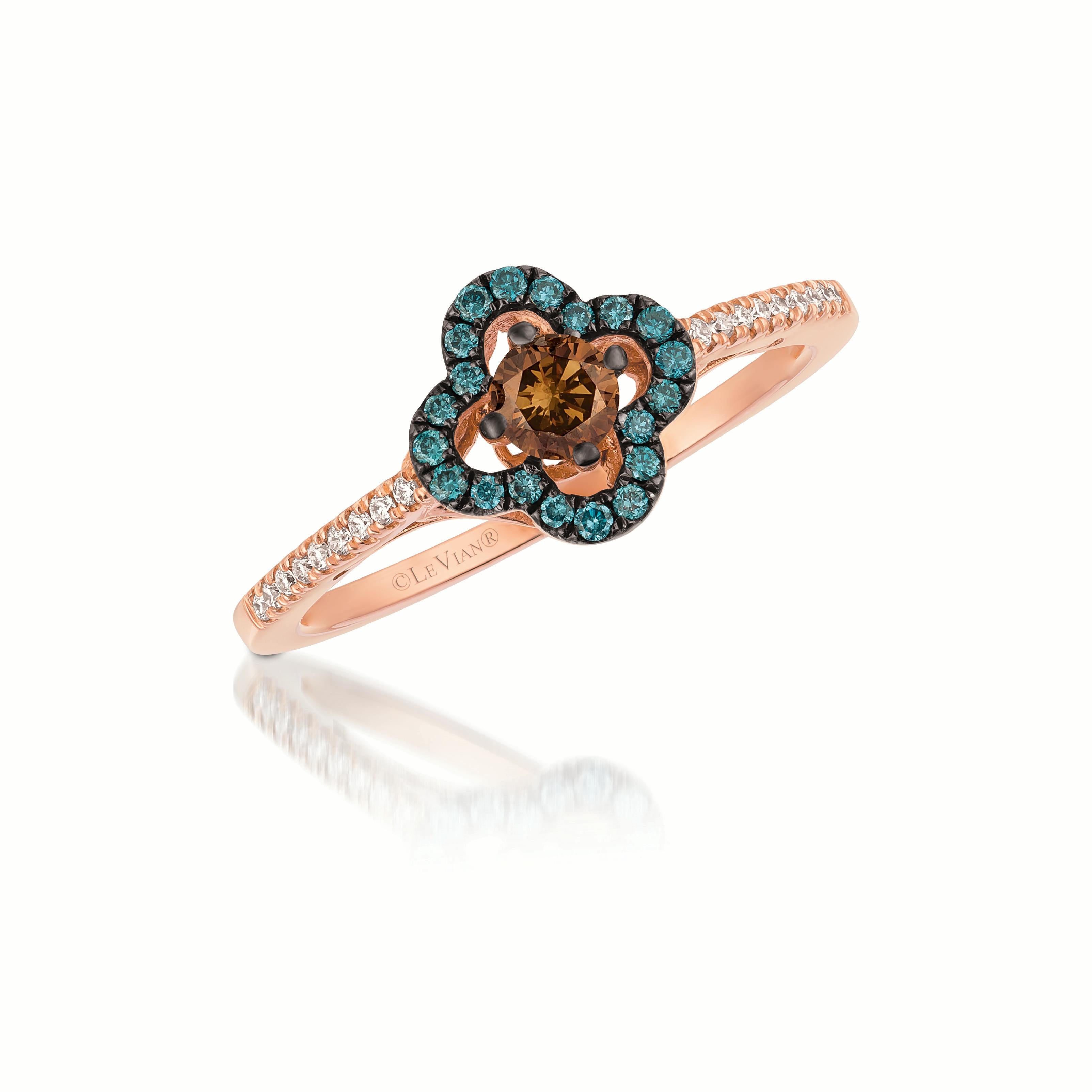 LeVian 14K Rose Gol Round Chocolate Brown Iced Blue Diamond Cocktail Ring For Sale 1